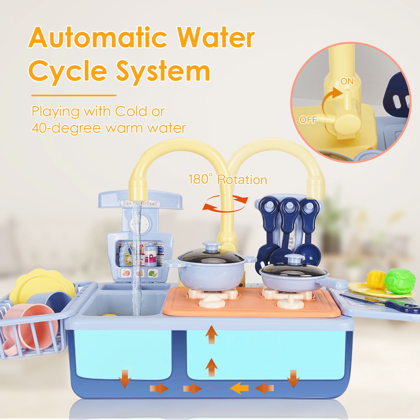 Working Play Sink with Running Water for Toddlers 1 2 3 4 Electric Kitchen Sink Playset with Play Cooking Stove, Pretend Food, 30pcs Accessories Toy Dishwasher