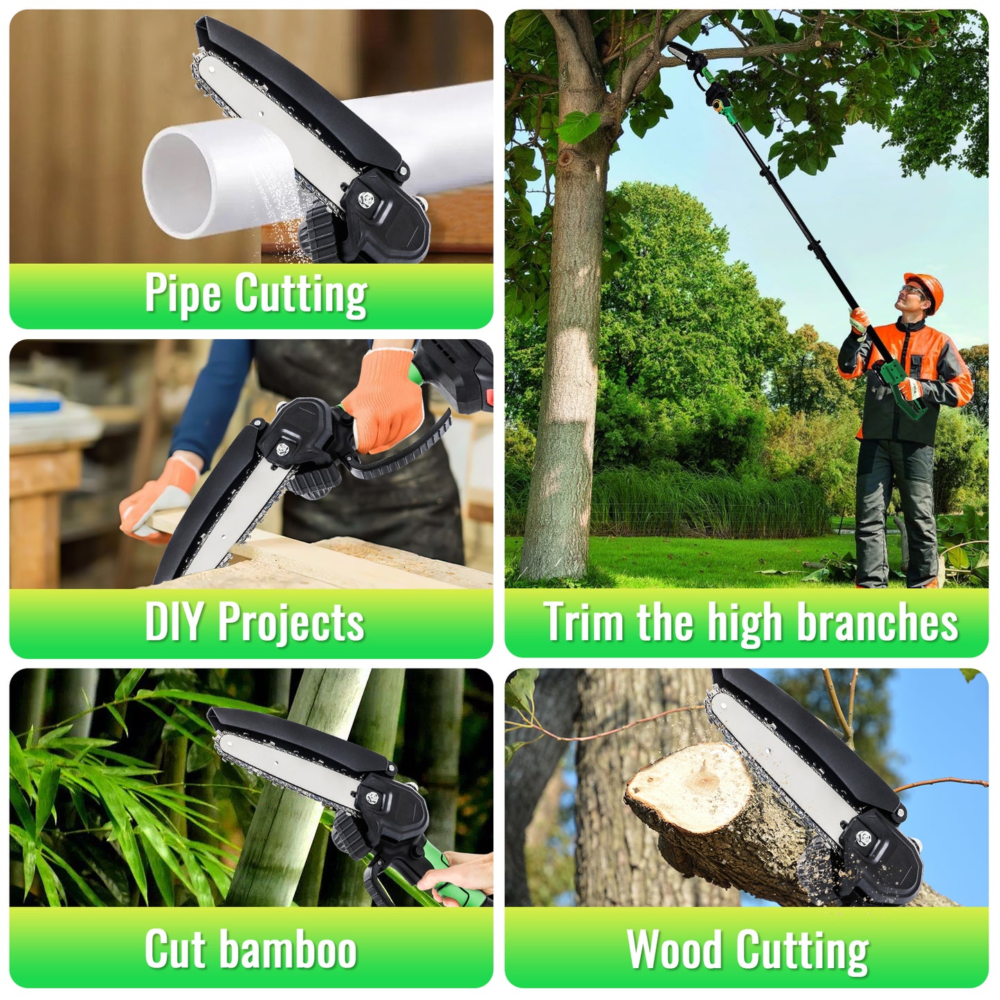 2-in-1 Cordless Pole Saw,6in + 4in Mini Chainsaw & Pole Saw with 2pcs 2.0A Batteries, 14.5ft Max Reach Brach Tree Saw Telescoping Extension Rod for Wood Tree Trimming Wood Cutting