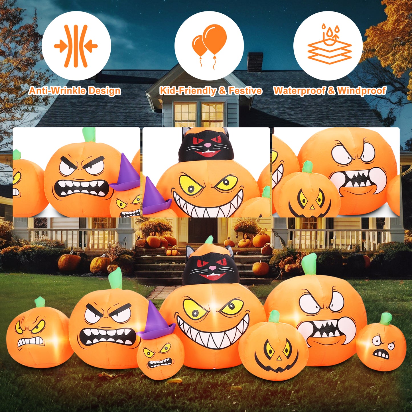 Inflatable Decoration 7 FT Long Inflatable 7 Pumpkins Patch Lanterns with Black Cat w/ Build-in LEDs Blow Up Inflatables for Thanksgiving Party Outdoor Garden Lawn Yard