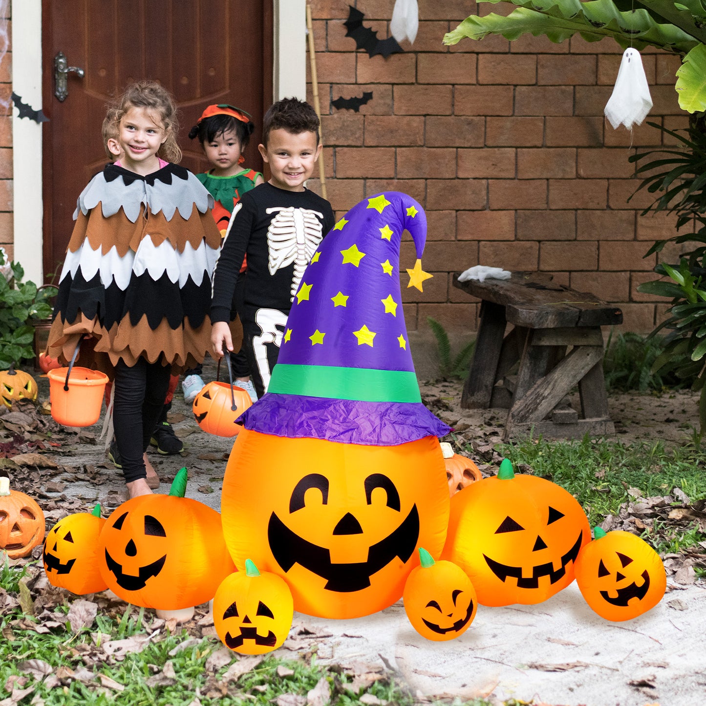 Halloween Inflatables Outdoor, 8FT Long Cute & Lighted Blow Up Decoration Pumpkin Family with Witch Hat, Large Halloween Inflatables Decorations with Lights for Yard, Holiday, Home