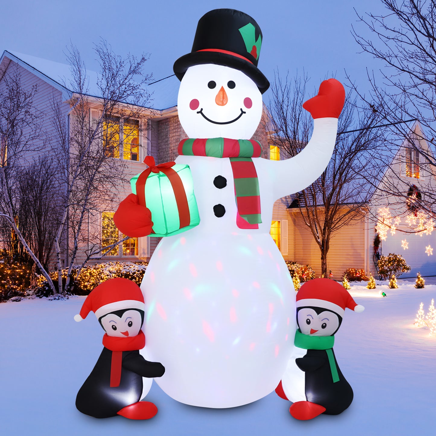 6.5FT Christmas Inflatable Snowman with Penguins Gift Box, Blowup Christmas Decoration with LED Lights for Holiday Party Xmas Yard Garden Decorations