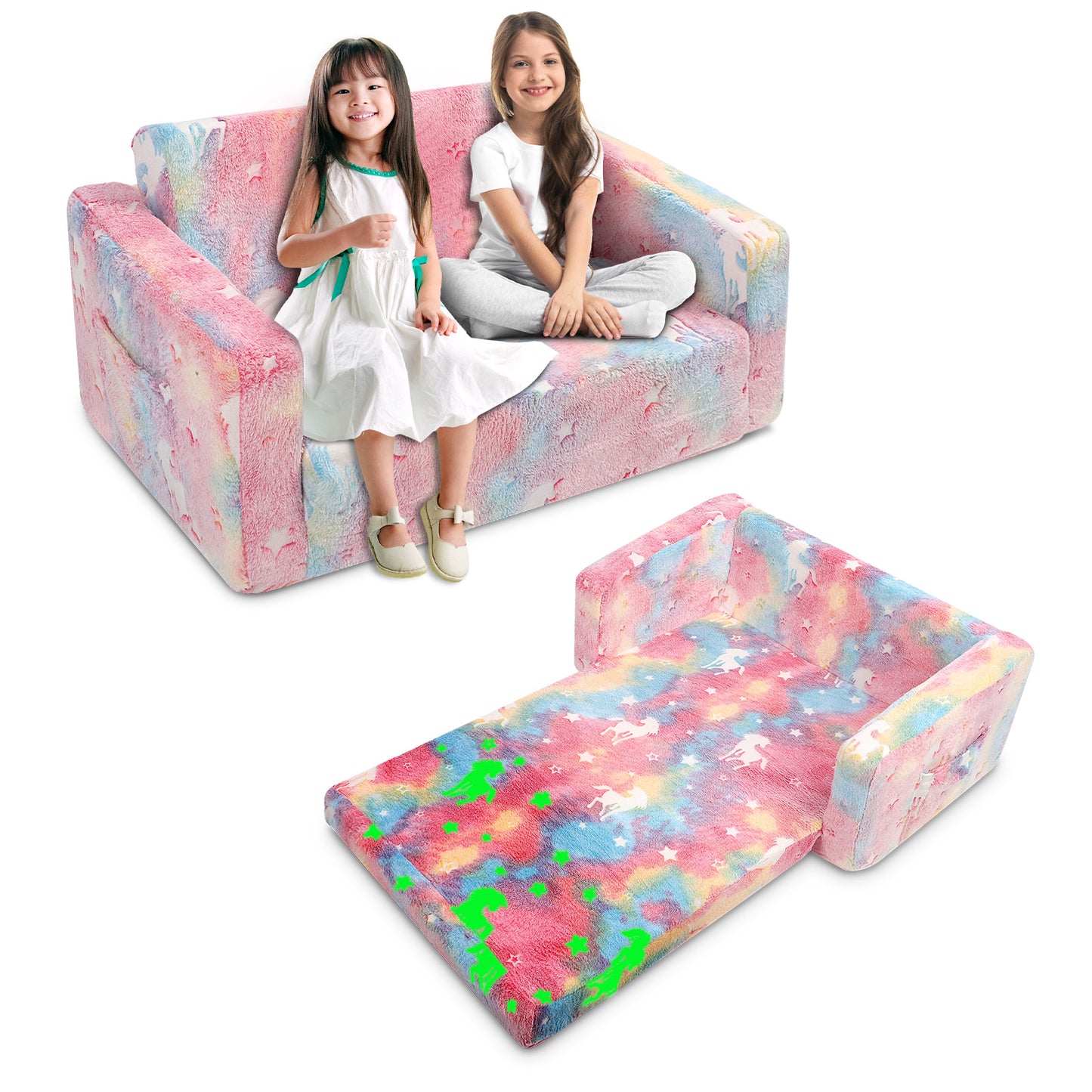 Toddler Couch, Toddler Chair Folding, Kids Couch 2 In 1, Kids Sofa for Playroom-Extra Soft 2 Seats, Glow In The Dark Open Couch, Gifts For Kids, Sleeper For Girls Boys,Pink