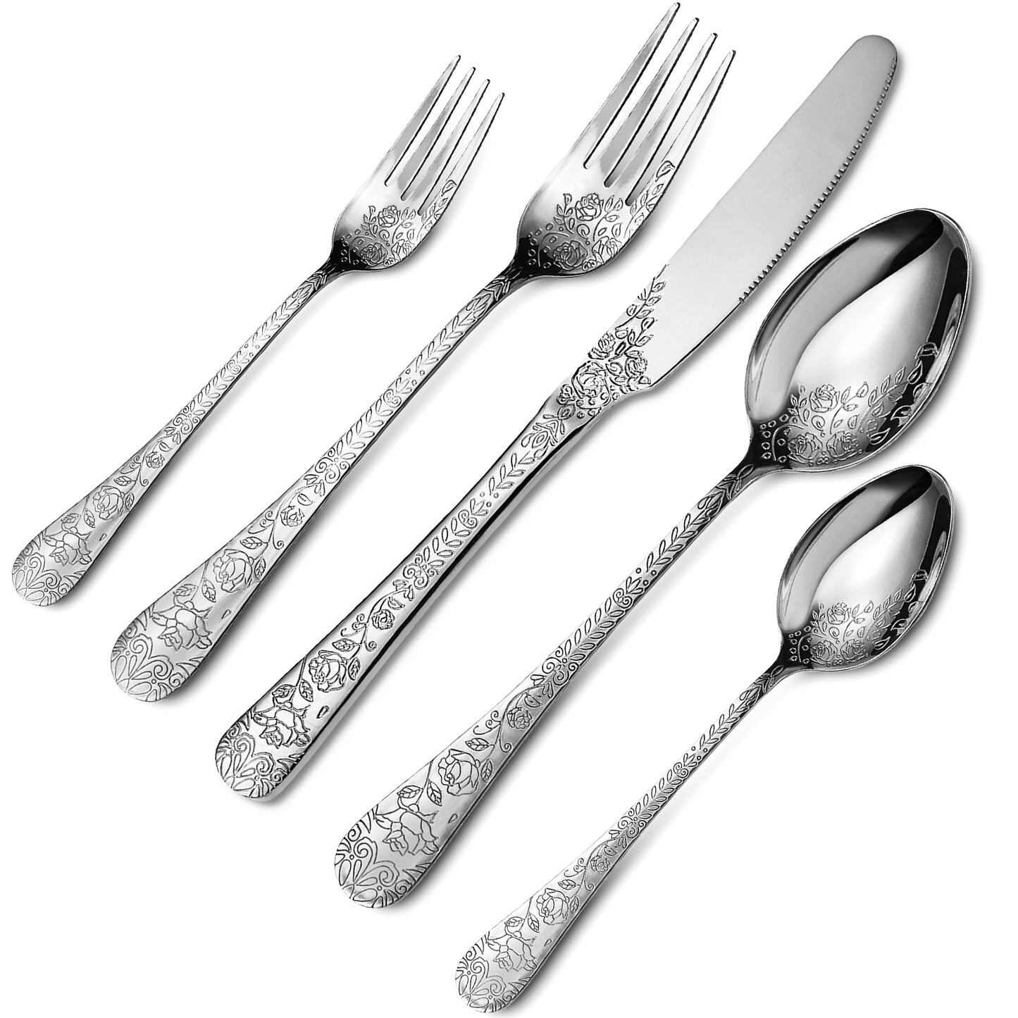 LHCER 20PCS Silverware Set Service for 4, Stainless Steel Titanium Silver Plating Flatware Set, Knives Forks Spoons Tea Forks Teaspoons Kits with Flower Pattern for Kitchen Restaurant Party Sliver