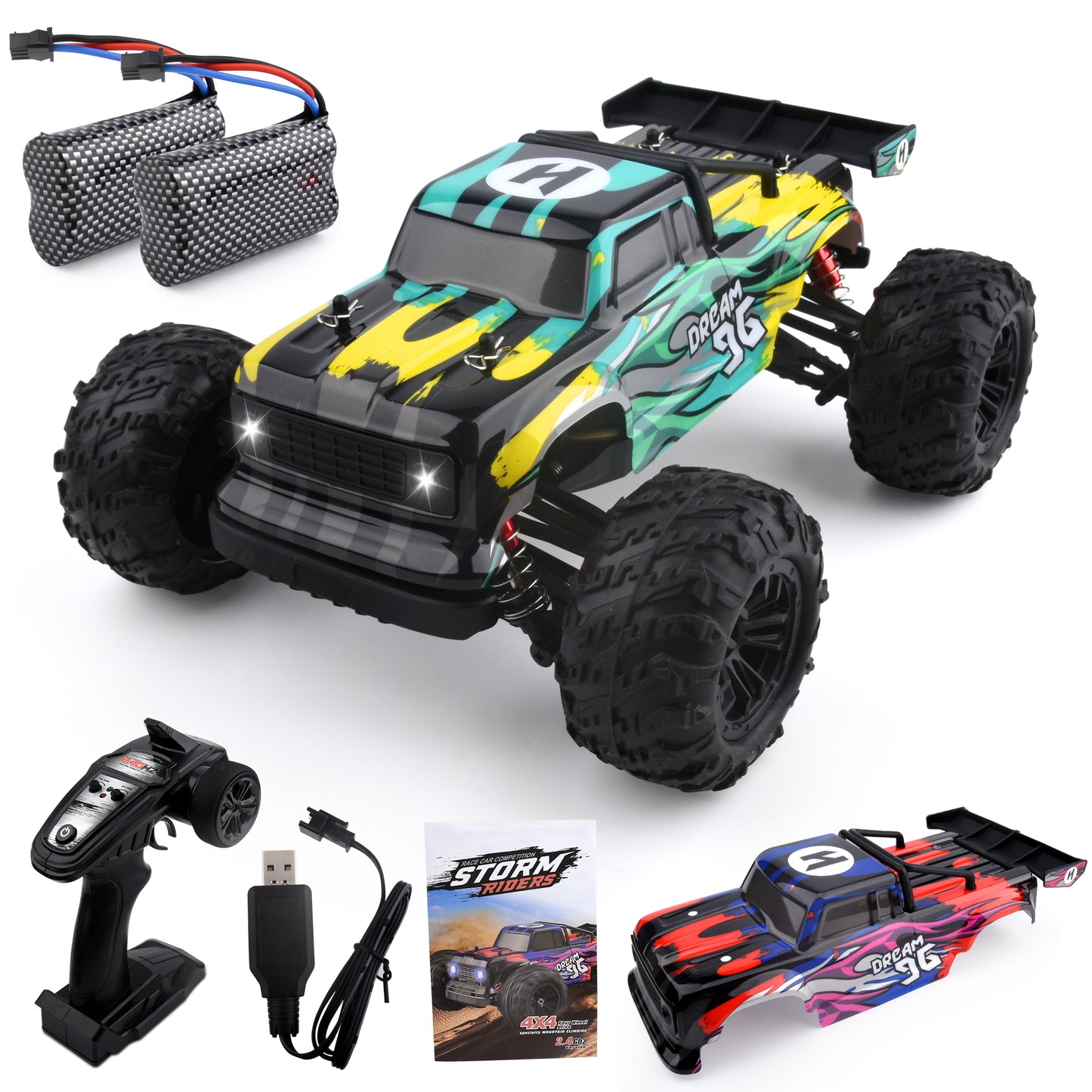RC Cars 1: 16 Scale All Terrain 4x4 Remote Control Car for Adults & Kids, 40+MPH Waterproof Off-Road RC Trucks, 2.4Ghz Radio Controller, 2 Batteries, 2 Car Bodies
