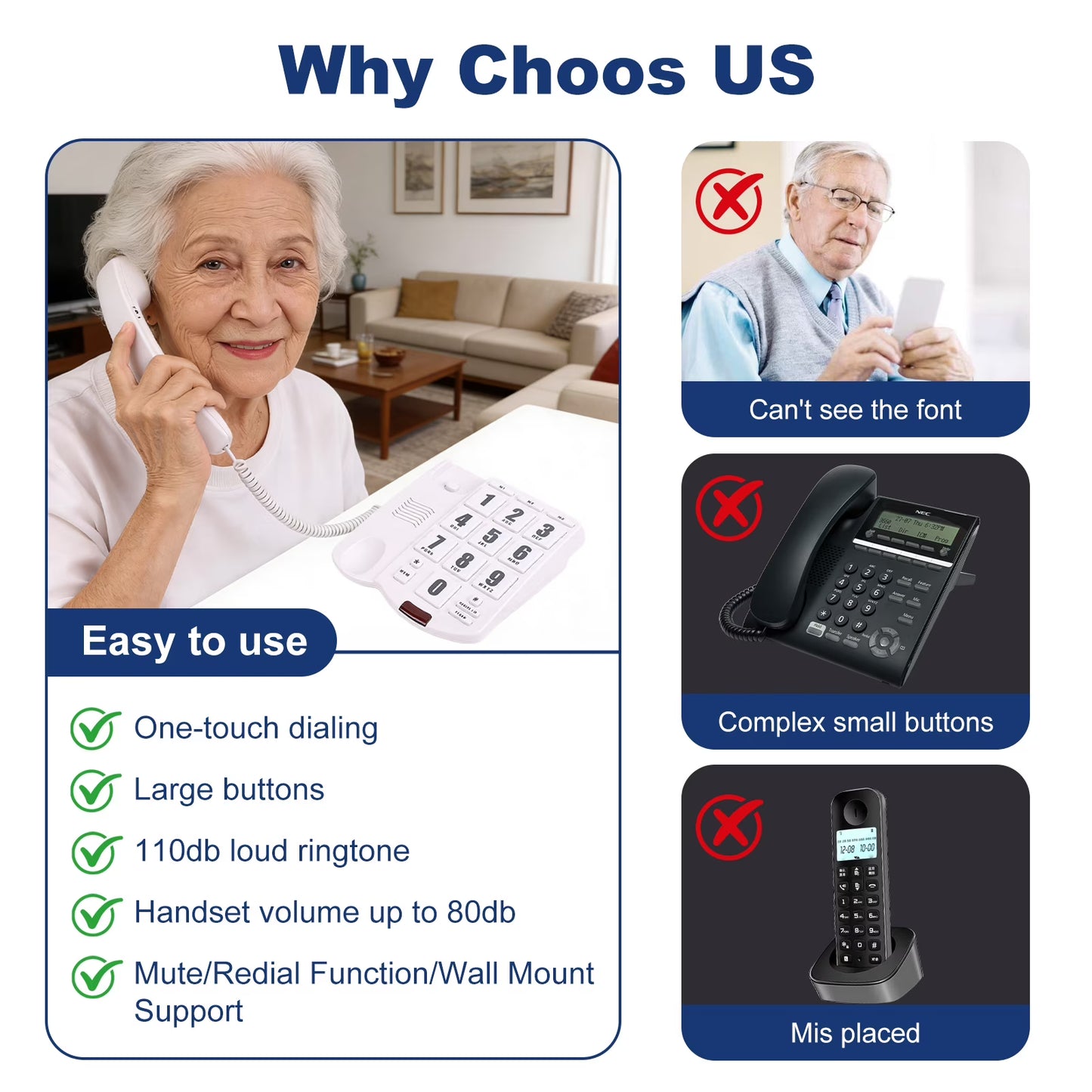 Big Button Phone for Seniors, Corded Landline Telephone for Elderly w/ Visually Disorders/Hearing Damage, Adjustable Volume Large Key Wired Telephone, One-Touch Dialling, Extra Loud Ringer, White
