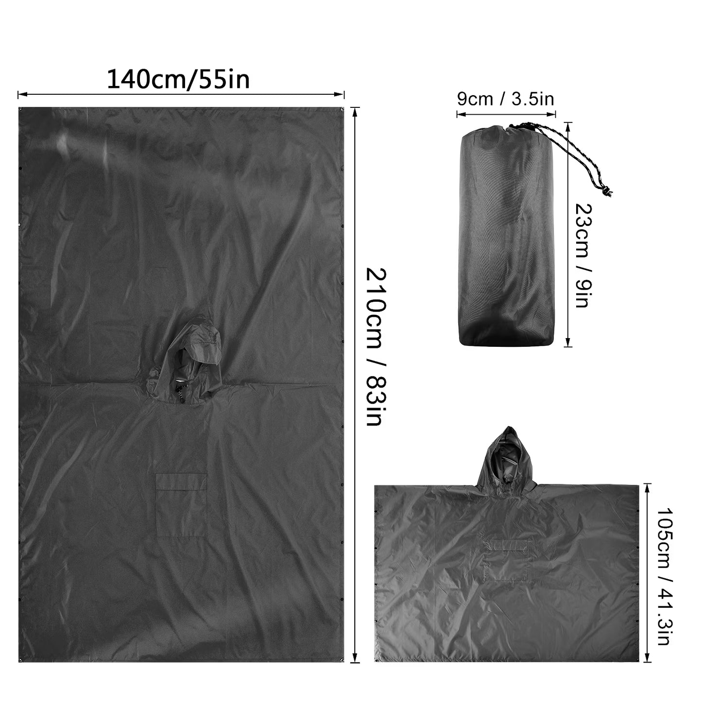 Hooded Rain Poncho for Adult with Pocket,Waterproof Lightweight Raincoat for Unisex Hiking Camping,Black