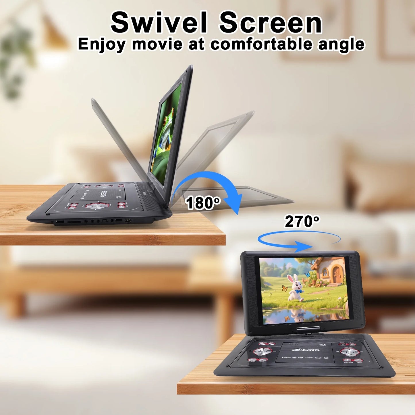 25.8" Portable DVD Player with 14.1" HD Screen for Car, Built-in Rechargeable Battery, Dual Speakers, Support USB/SD Card/Sync TV and Multiple Disc Formats, Remote Control, with Car/AC Adapter, Black