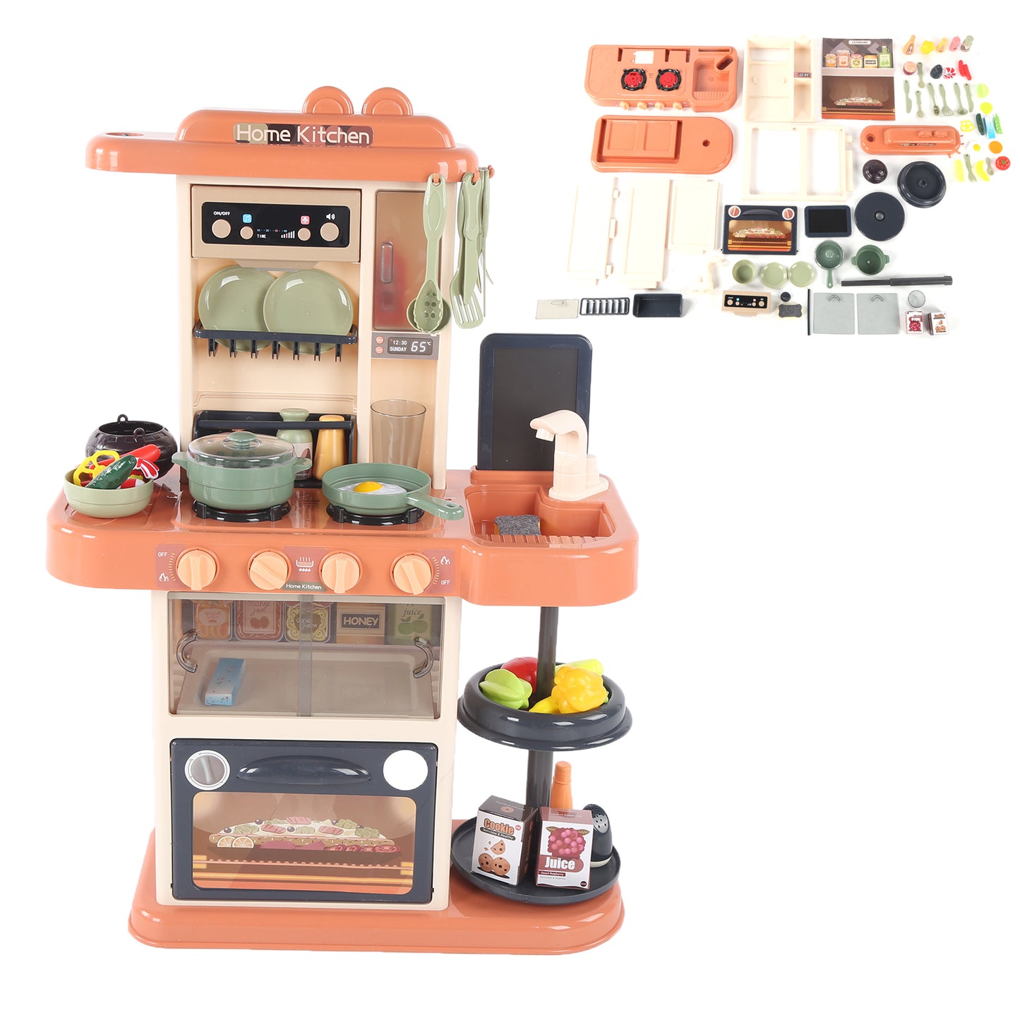 Play Kitchen Set For Kids, 65pcs 28Inch Kids Pretend Play Toy With Real Lights, Lamp,Sounds, Play Sink And Simulation Of Spray for Boys Girls