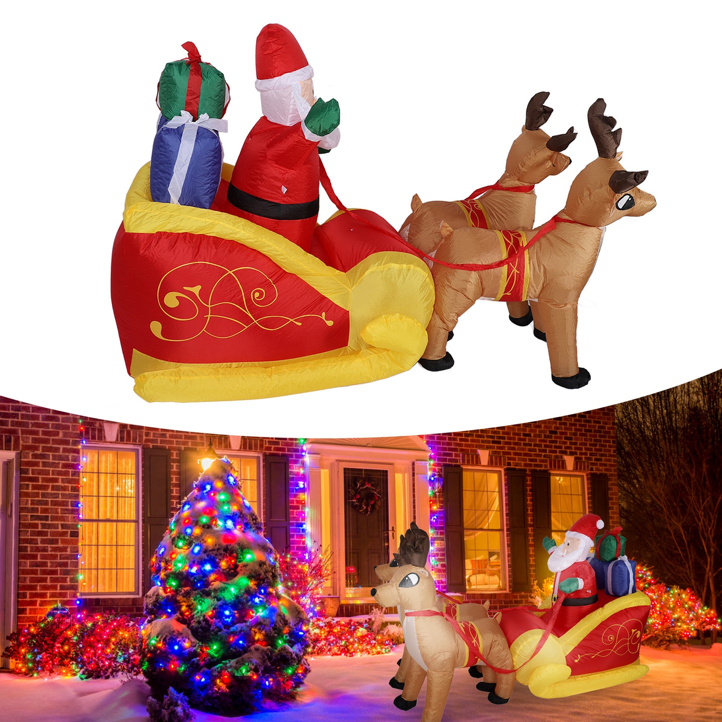 Inflatable Father Christmas On Sleigh with Reindeer 7FT Polyester Fiber Christmas Blow Up Yard Decoration