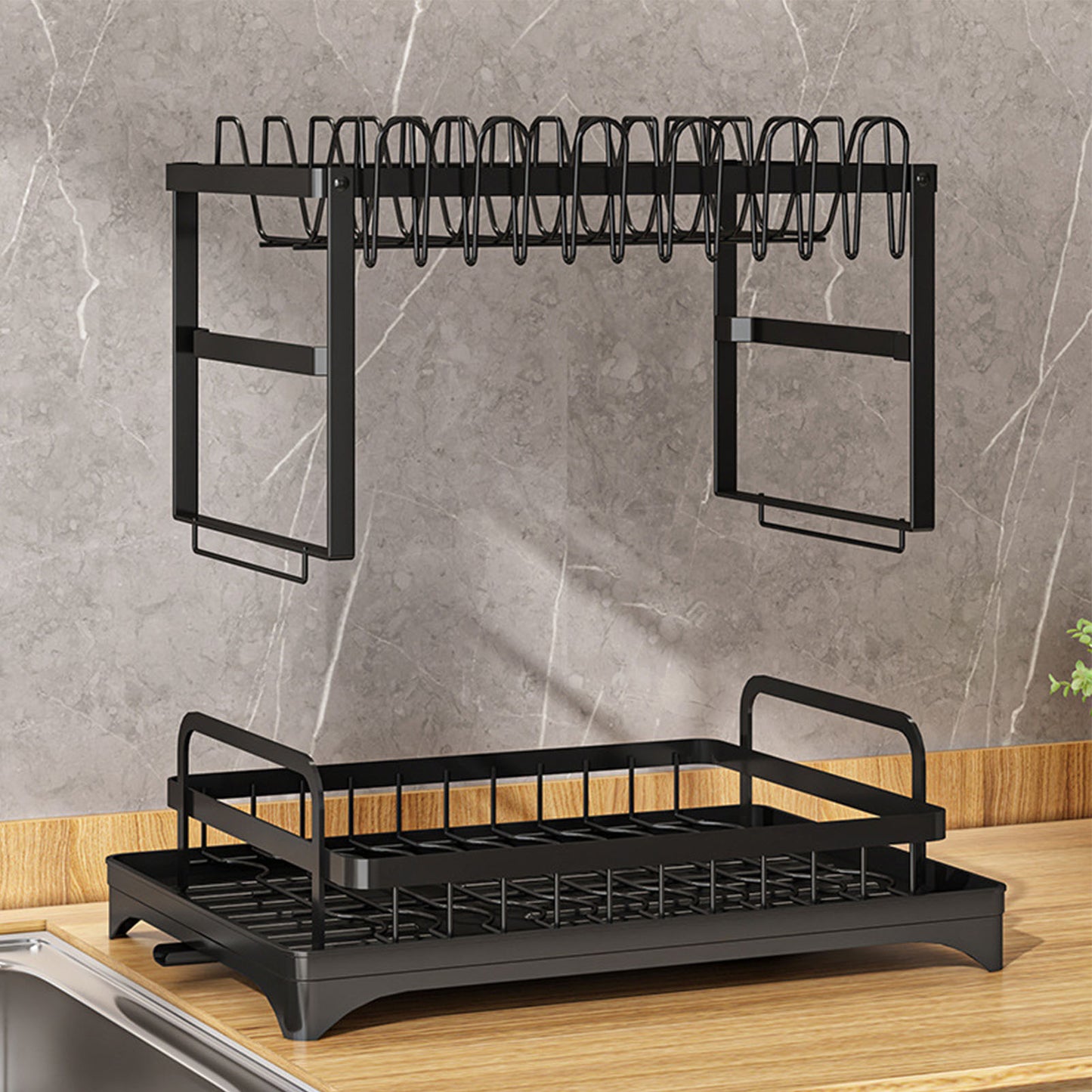2 Tier Dish Rack for Kitchen Counter, Dish Drying Rack with Dish Drainer, with Drainboard and Utensil Holder for Kitchen Organization, Black