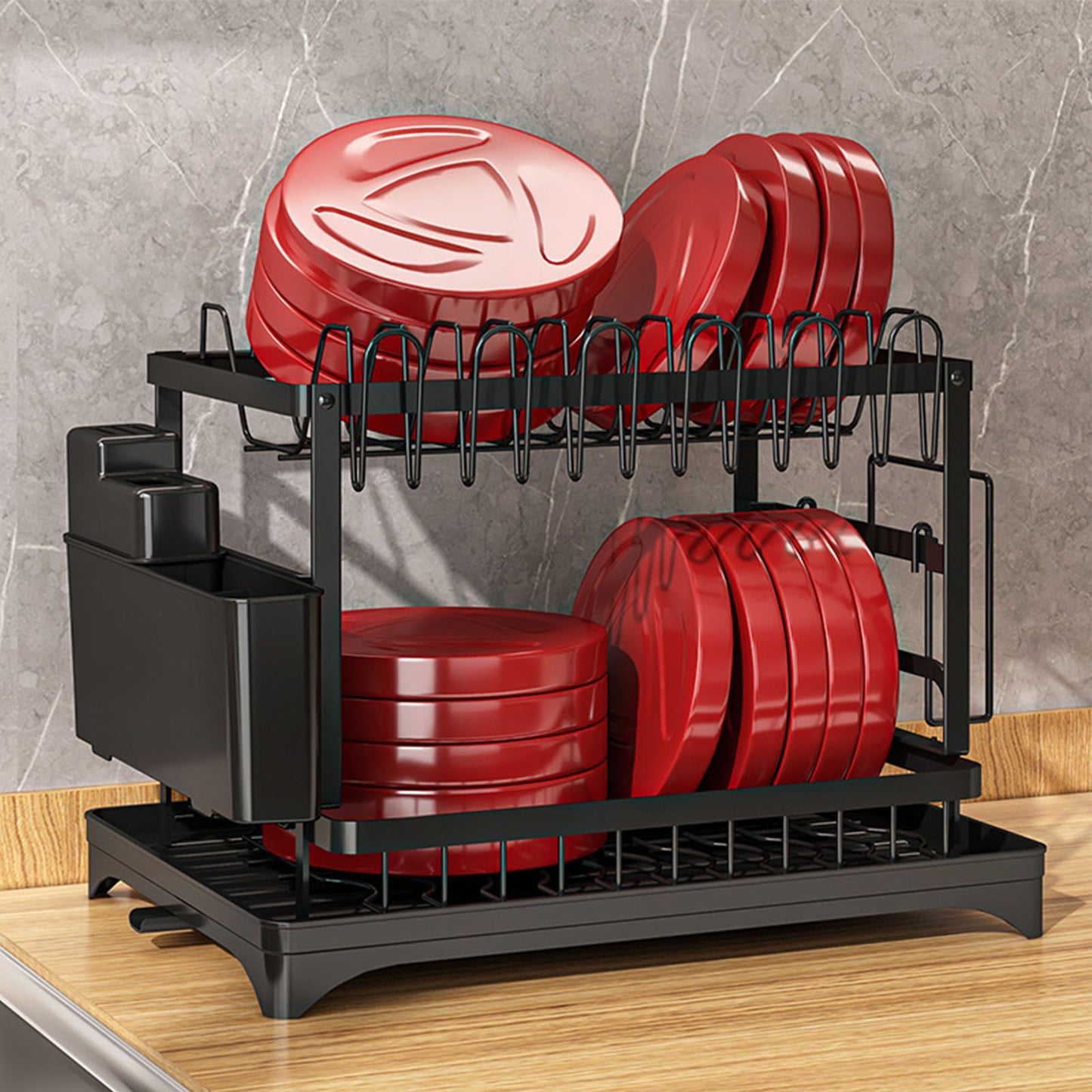 2 Tier Dish Rack for Kitchen Counter, Dish Drying Rack with Dish Drainer, with Drainboard and Utensil Holder for Kitchen Organization, Black