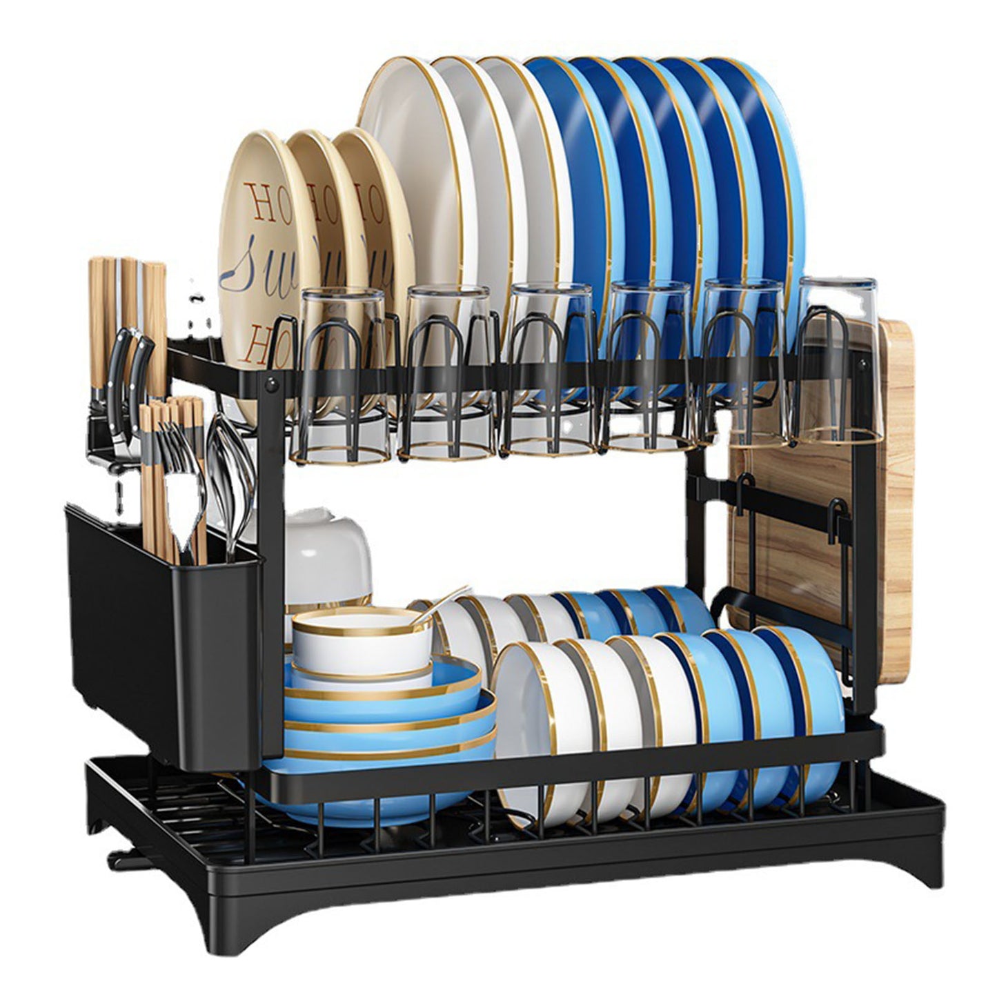 2 Tier Dish Rack for Kitchen Counter, Dish Drying Rack with Dish Drainer, with Drainboard and Utensil Holder for Kitchen Organization, Black