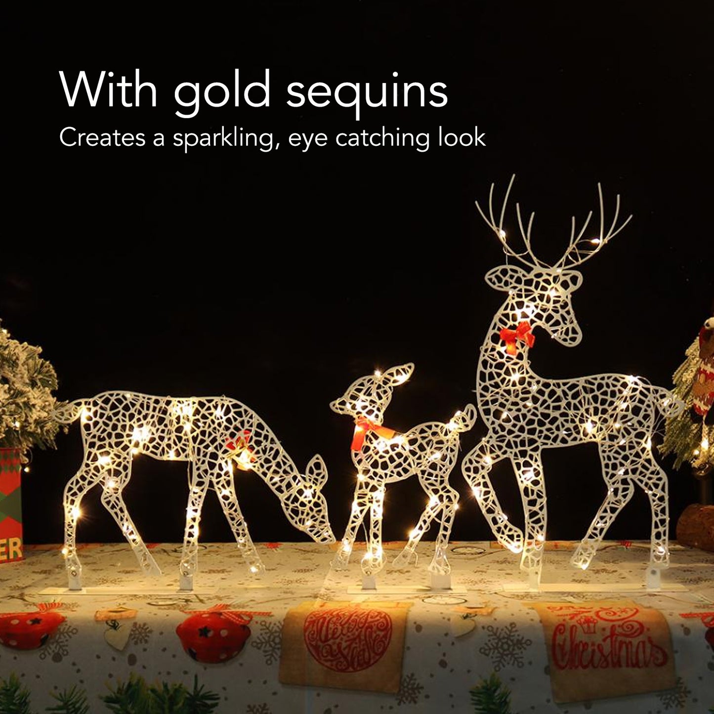 3-Piece Lighted Christmas Deer Set Outdoor Yard Decoration With 360 LED Lights, Home Warm White Light For Christmas Xmas Gift