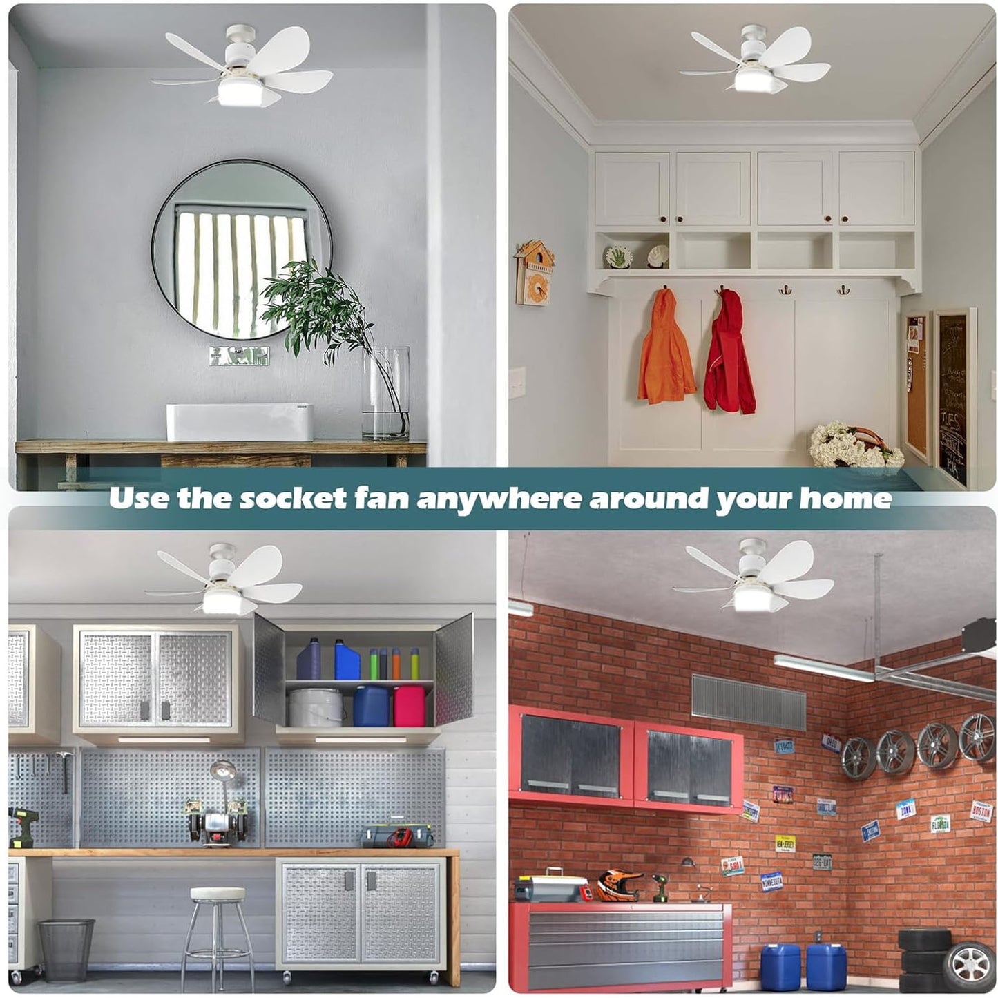 Socket Fan Light with Remote, 20.5in Small Ceiling Fan with 3-Speeds, Dimmable LED, E26/E27 Base, 6 Blades Light Socket Fan for Kitchen Bedroom
