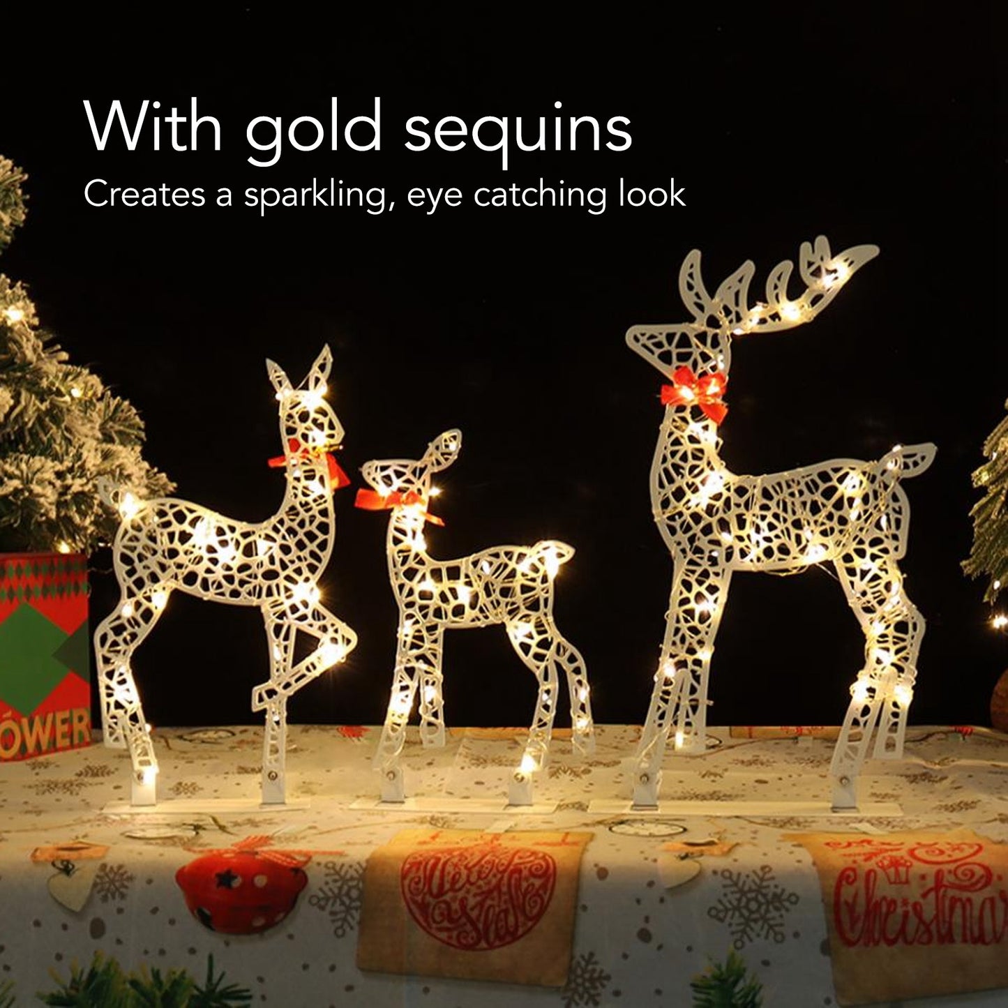 3pcs Christmas Decoration Deer Home Warm White Light Iron LED Reindeer Family Set Tabletop Decor for Outdoor Indoor
