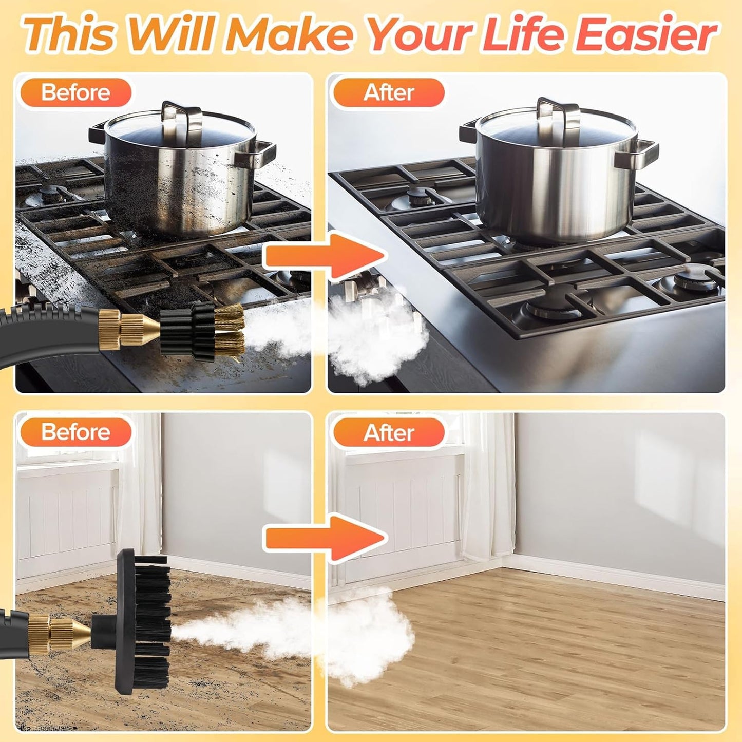 Portable Steam Cleaner 2500W High Temperature Pressurized Steam Cleaning Machine with Brush Heads for Kitchen Furniture Bathroom Car,Hard Floor Surface,Black+Orange