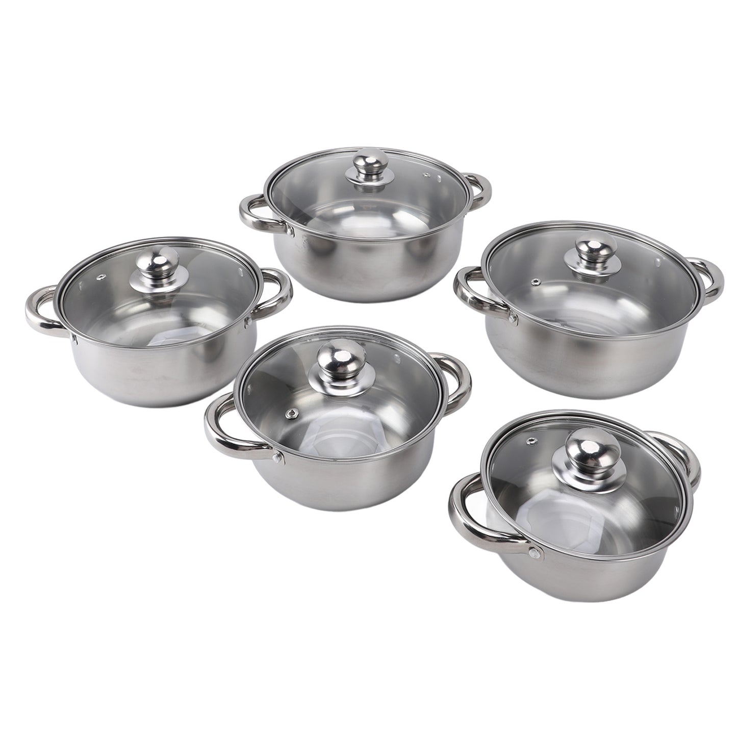 Stainless Steel Pots Sets 10-Piece, Kitchen Cookware Set Saucepan With Glass Lid Stockpot Soup Pot With 2 Ear Handle For Cooking Dishwasher Safe, Silver