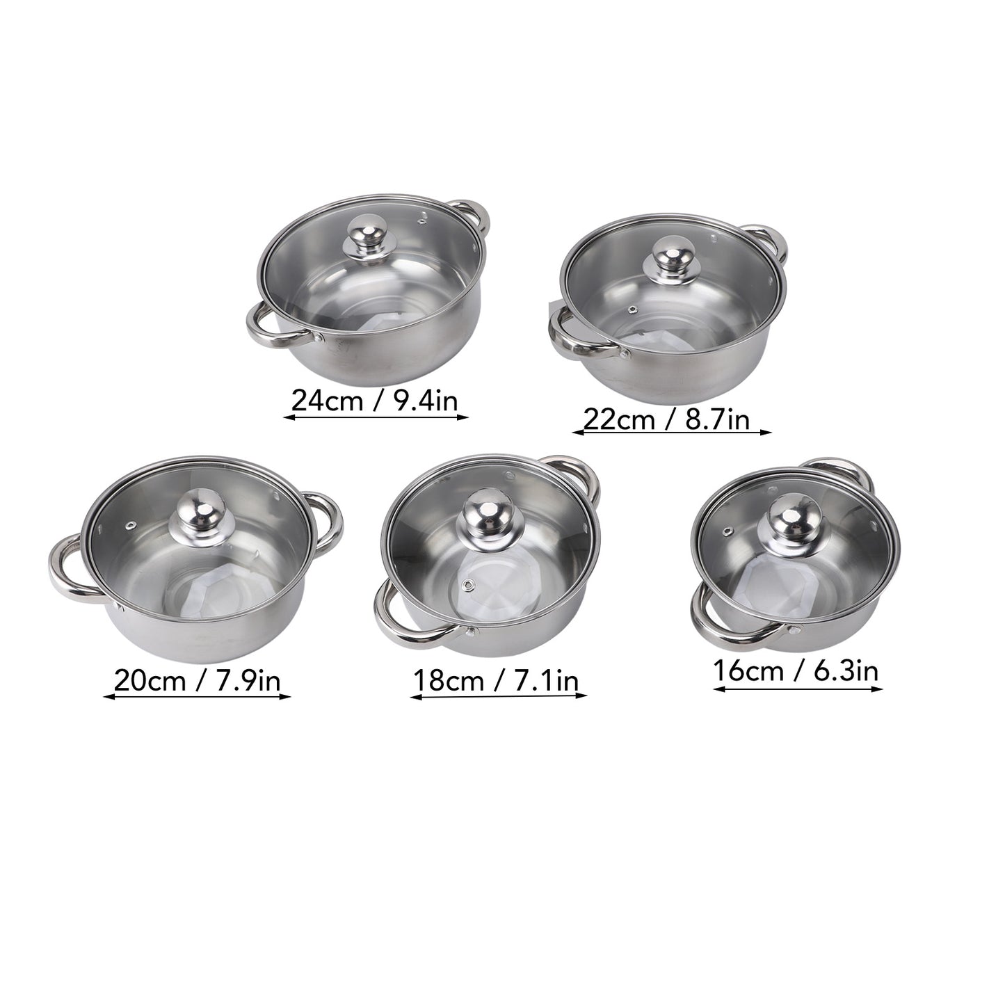 Stainless Steel Pots Sets 10-Piece, Kitchen Cookware Set Saucepan With Glass Lid Stockpot Soup Pot With 2 Ear Handle For Cooking Dishwasher Safe, Silver