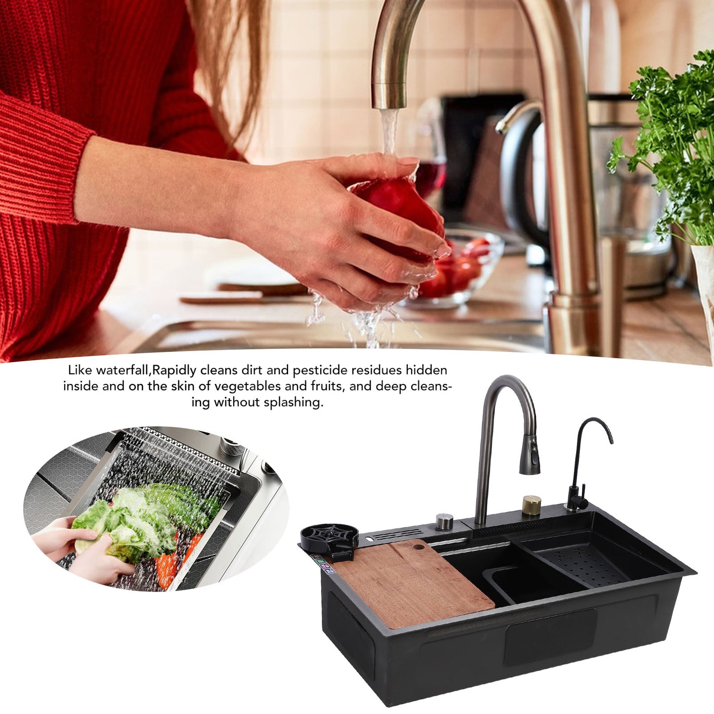 Waterfall Kitchen Sink, Single Bowl Drop in Kitchen Sink with Pull-Out Faucet and Multiple Accessories - 31.5×17.7×8.3 inch