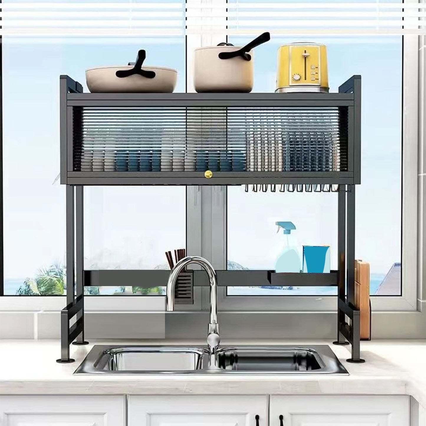 Over The Sink Dish Drying Rack 3 Tier Large Dish Rack Metal Over The Counter Dish Drying Drainer Rack For Kitchen Sink Shlef With Cover