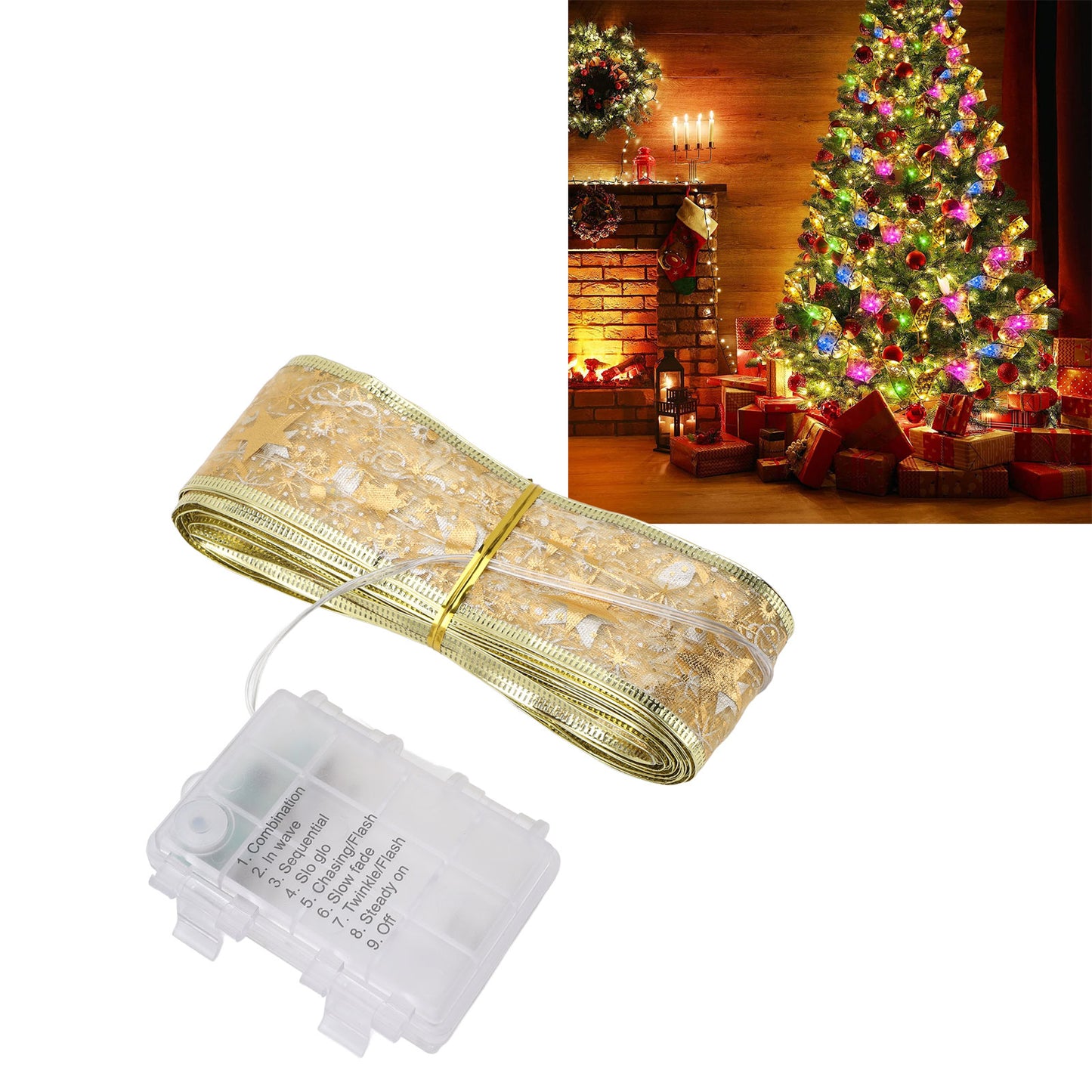 Christmas Ribbon Lights 32.8ft/10m 100 LED Lights Christmas Tree Xmas Lights Battery Operated Copper Wire Ribbon Bows Fairy String Lights for New Year Party Weddings Christmas Tree,Multicolor Light