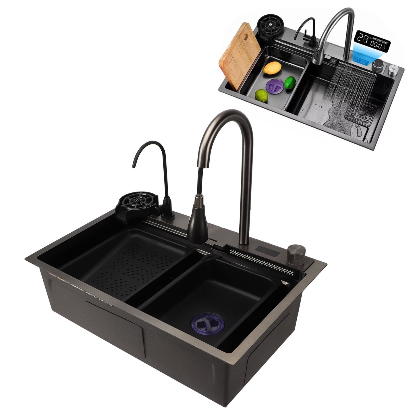 Waterfall Kitchen Sink, 26.77" Single Bowl Drop In Kitchen Sink with Pull-Out Faucet, Thickened Stainless Steel Digital Display Kitchen Sink