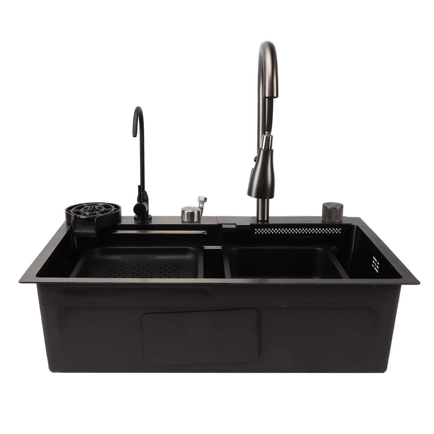 Waterfall Kitchen Sink, 26.77" Single Bowl Drop In Kitchen Sink With Pull-Out Faucet, Thickened Stainless Steel Digital Display Kitchen Sink Black