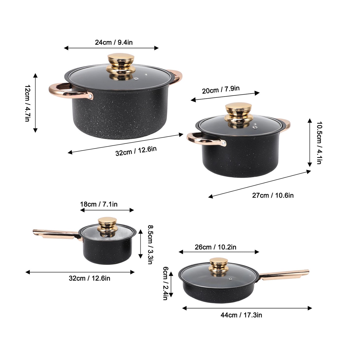 Pots And Pans Set Non Stick, 8 Pcs Kitchen Cookware Sets, Nonstick Cookware Set, With Gold Handles, RV Cookware Set, Oven Safe, Black