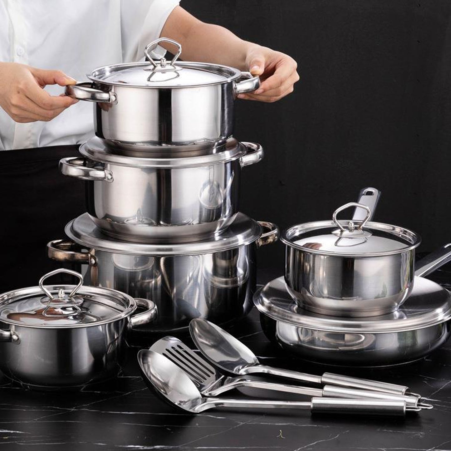 Kitchen Cookware Set Stainless Steel Pots Pans Set with Soup Pot Saute Pan Lids