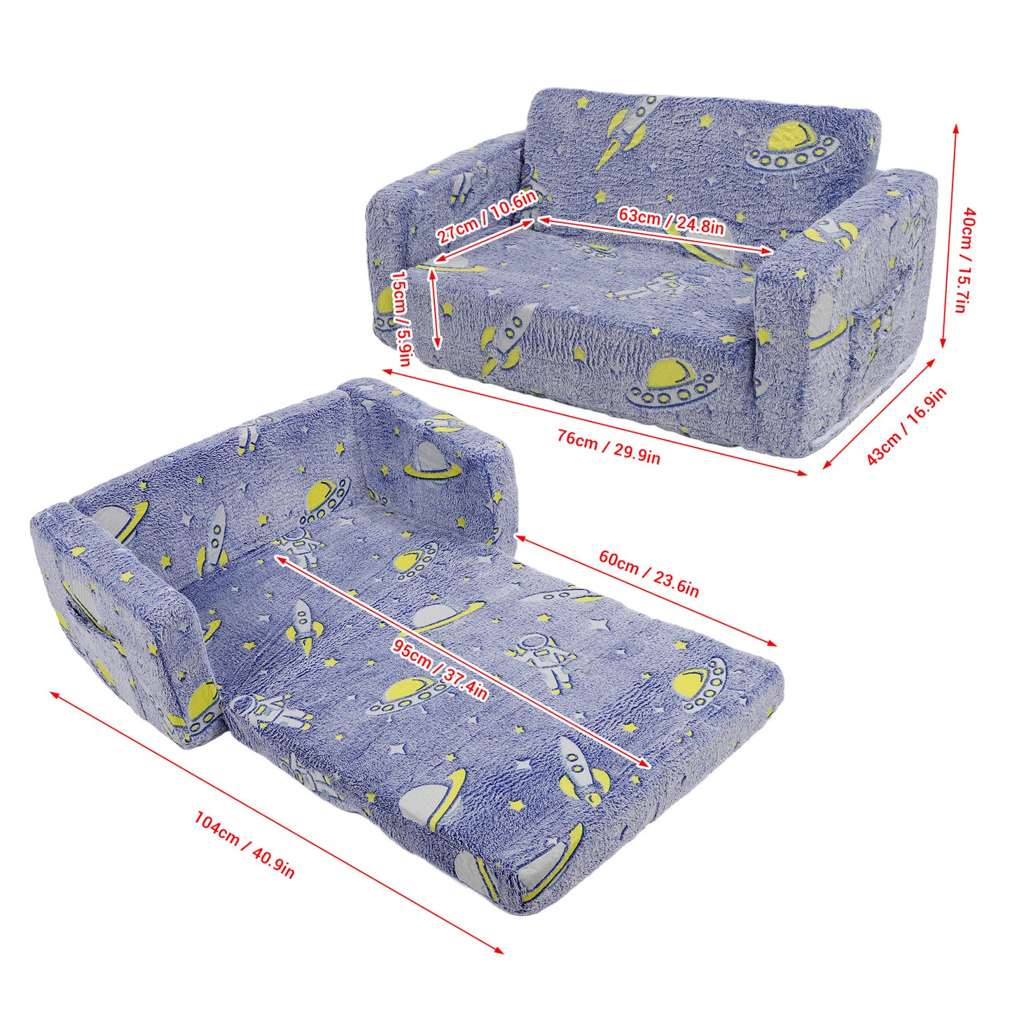 Toddler Couch, Toddler Chair Folding, Kids Couch 2 In 1, Kids Sofa for Playroom-Extra Soft 2 Seats, Glow In The Dark Open Couch, Gifts For Kids, Sleeper For Girls Boys,Blue