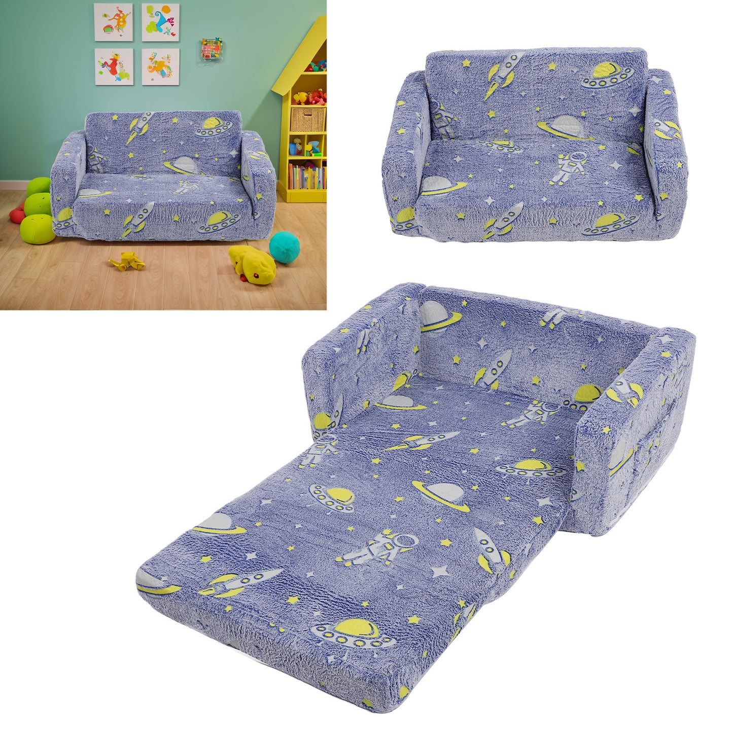 Toddler Couch, Toddler Chair Folding, Kids Couch 2 In 1, Kids Sofa for Playroom-Extra Soft 2 Seats, Glow In The Dark Open Couch, Gifts For Kids, Sleeper For Girls Boys,Blue