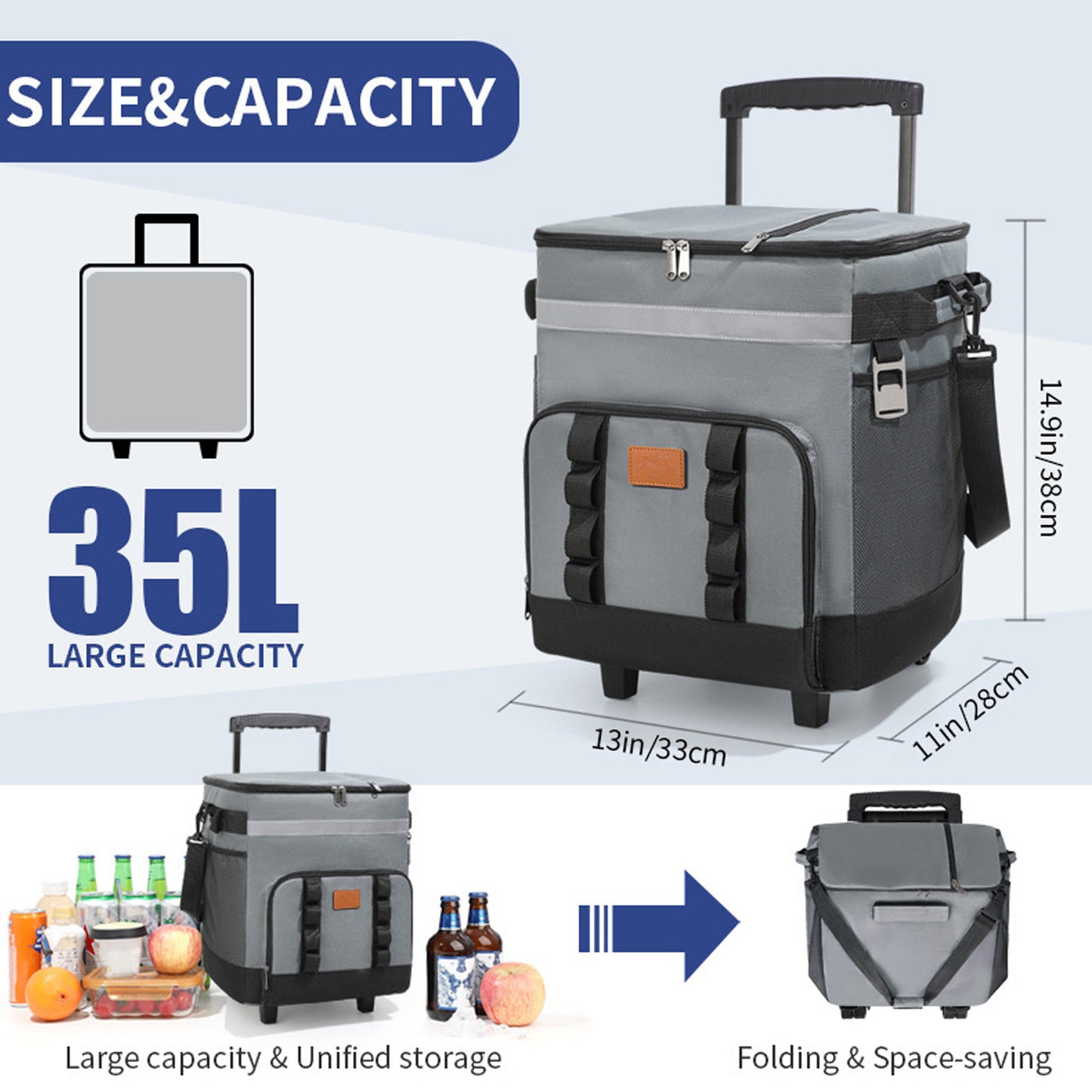 Insulated Rolling Cooler, Multipurpose Long Lasting Insulation Waterproofing Multi Compartment 35L Large Capacity Cooler On Wheels For Camping Beach