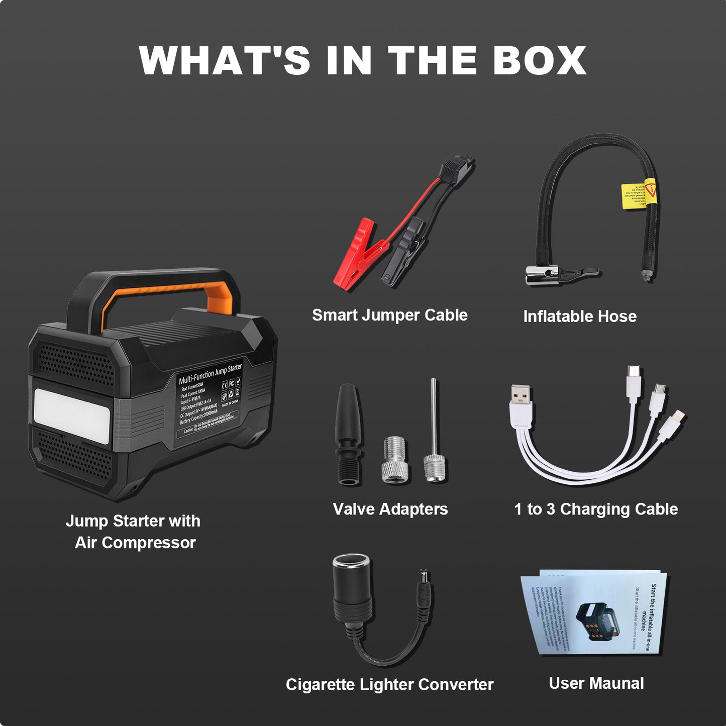 Car Jump Starter With Air Compressor,5000A Paek 20000mAh Car Battery For All Gas/12L Diesel Engine, 12V Jump Box Battery Jumper With 150 PSI Tire Inflator Air Pump & LED Light