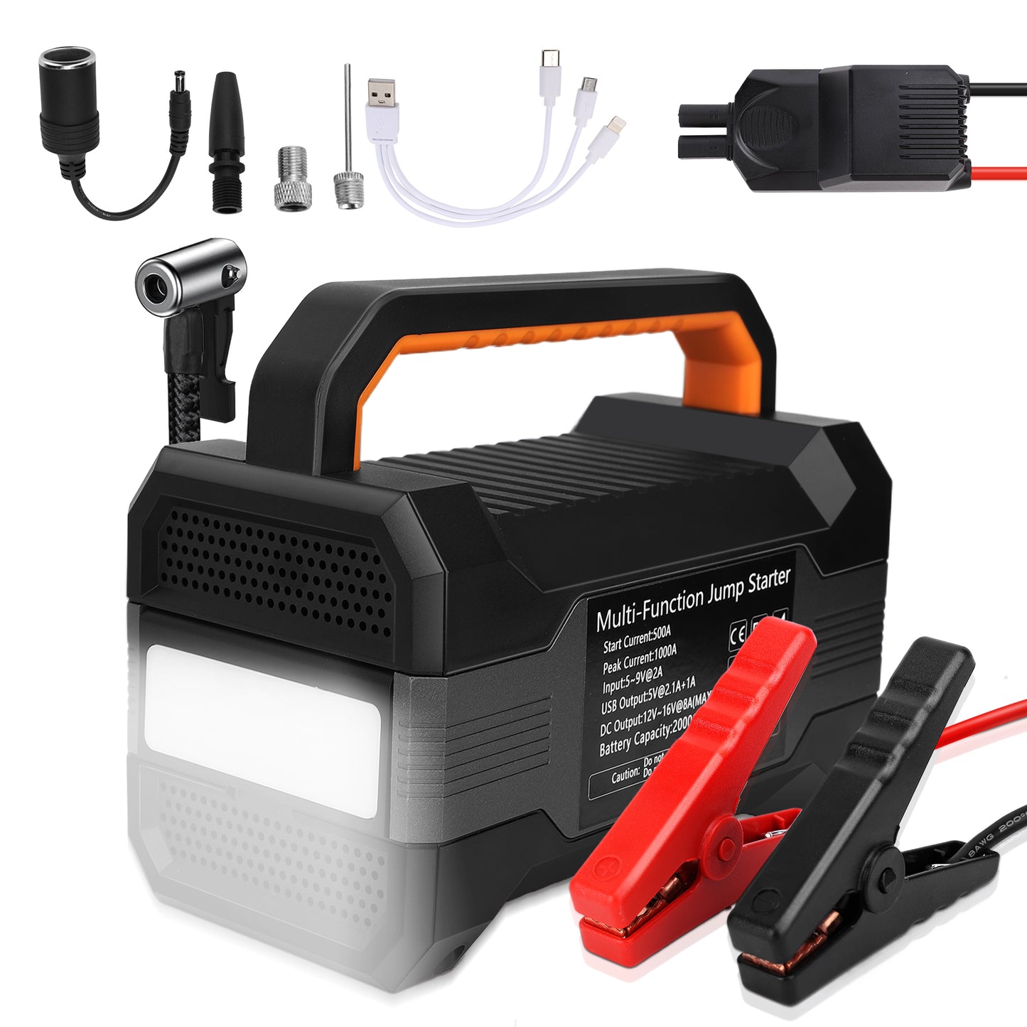 Car Jump Starter With Air Compressor,5000A Paek 20000mAh Car Battery For All Gas/12L Diesel Engine, 12V Jump Box Battery Jumper With 150 PSI Tire Inflator Air Pump & LED Light