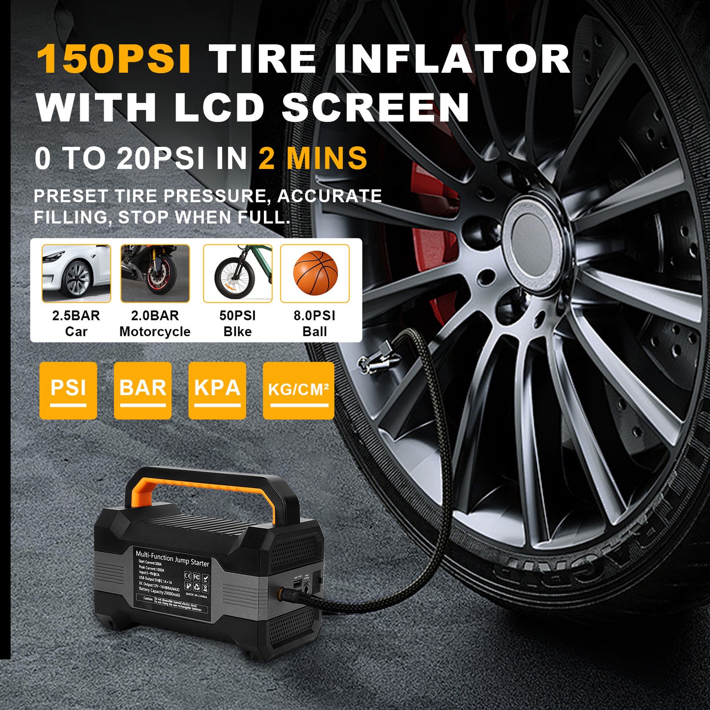 Car Jump Starter With Air Compressor,5000A Paek 20000mAh Car Battery For All Gas/12L Diesel Engine, 12V Jump Box Battery Jumper With 150 PSI Tire Inflator Air Pump & LED Light