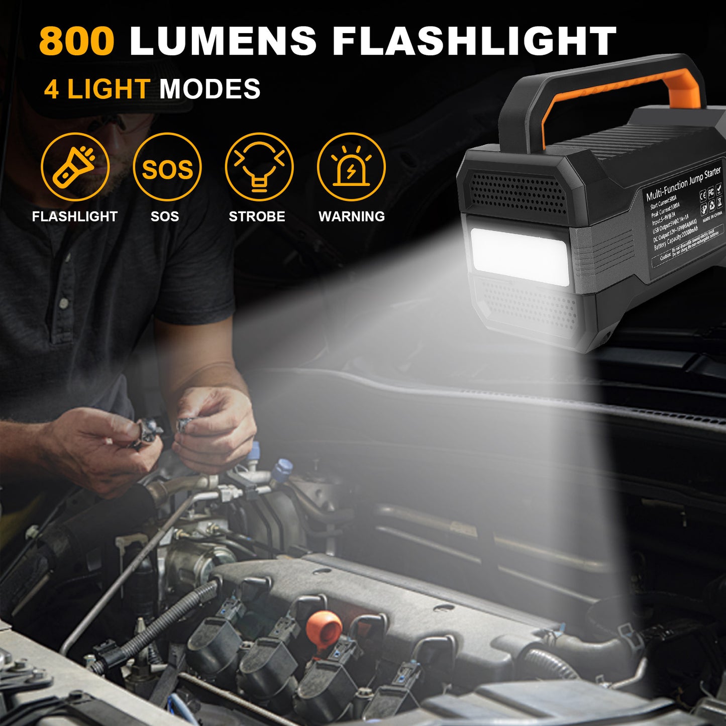 Car Jump Starter With Air Compressor,5000A Paek 20000mAh Car Battery For All Gas/12L Diesel Engine, 12V Jump Box Battery Jumper With 150 PSI Tire Inflator Air Pump & LED Light
