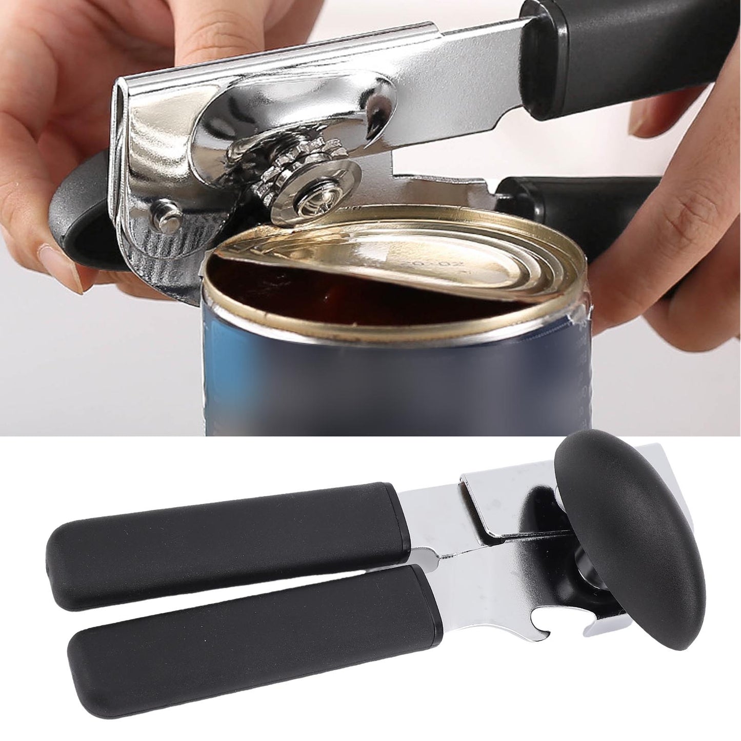 Stainless Steel Manual Can Opener with Soft Touch Handle, Built-In Bottle Opener, Black