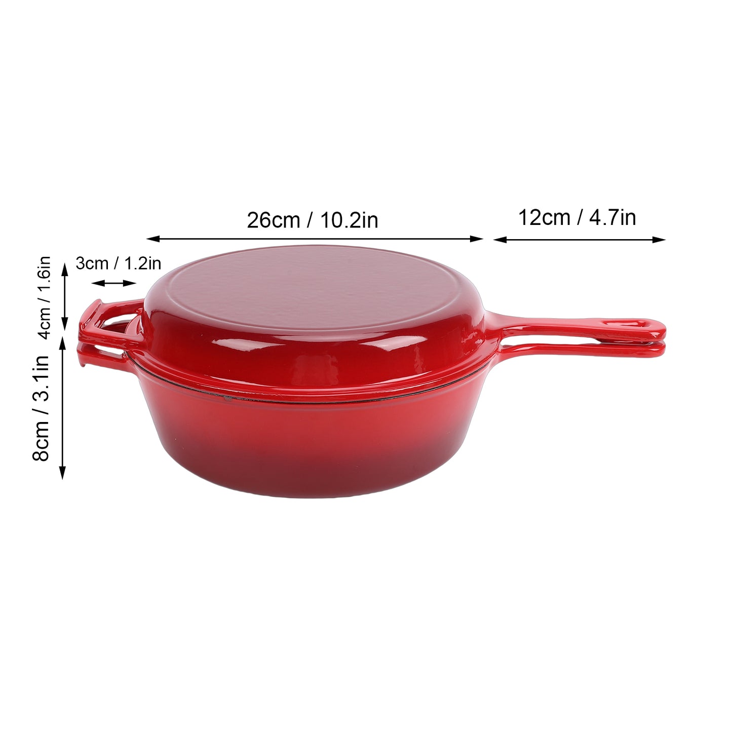 6 Quart 2 in 1 Cast Iron Dutch Oven Pot with Skillet Lid, 4+2qt Enamel Dutch Oven Dual Handle, Pre-Seasoned Heavy Duty All-in-One Cookware, Red