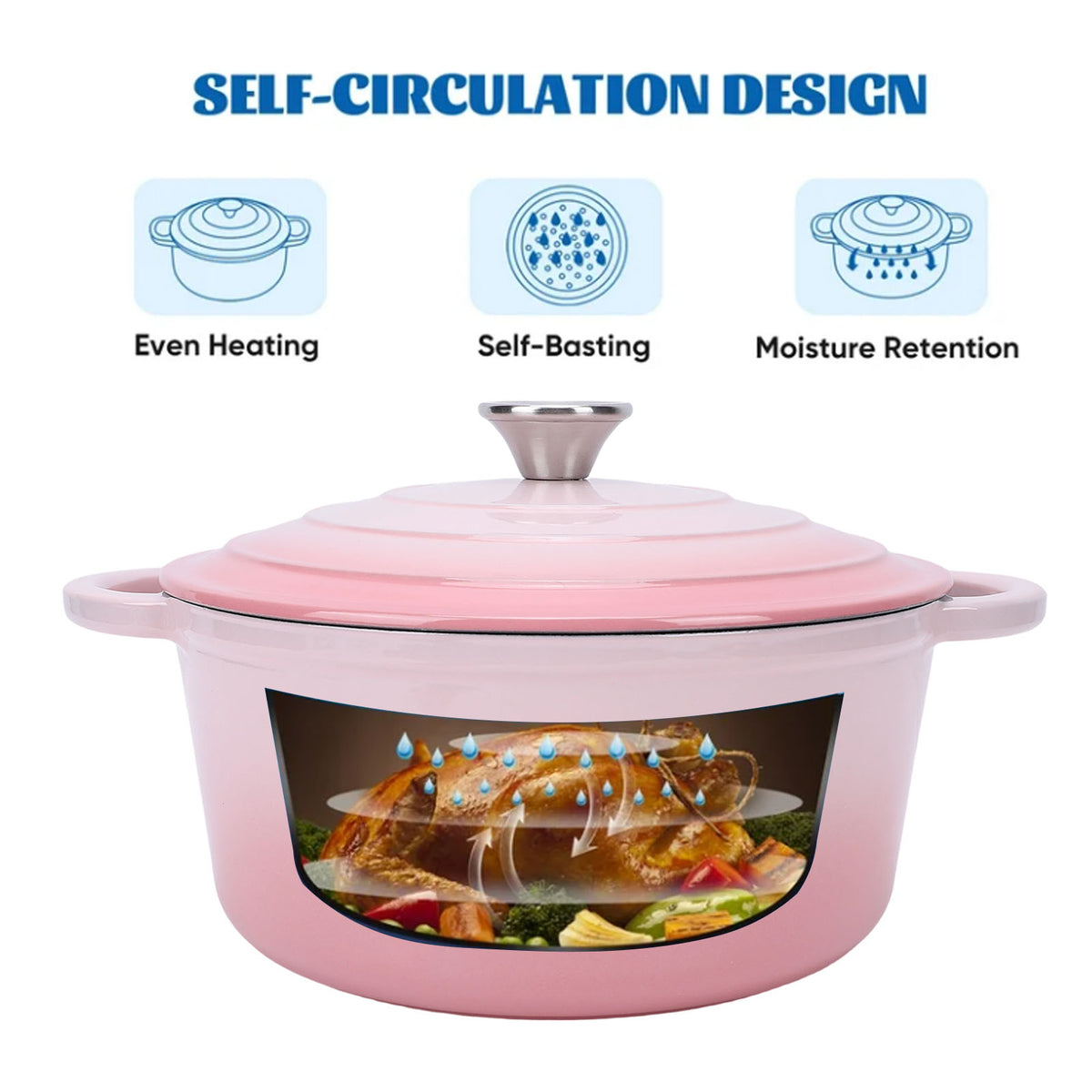6.5 QT Enameled Cast Iron Dutch Oven with Lid, Nonstick Cookware for Baking, Roasting, Braising & Cooking, Dual Handles, Pink