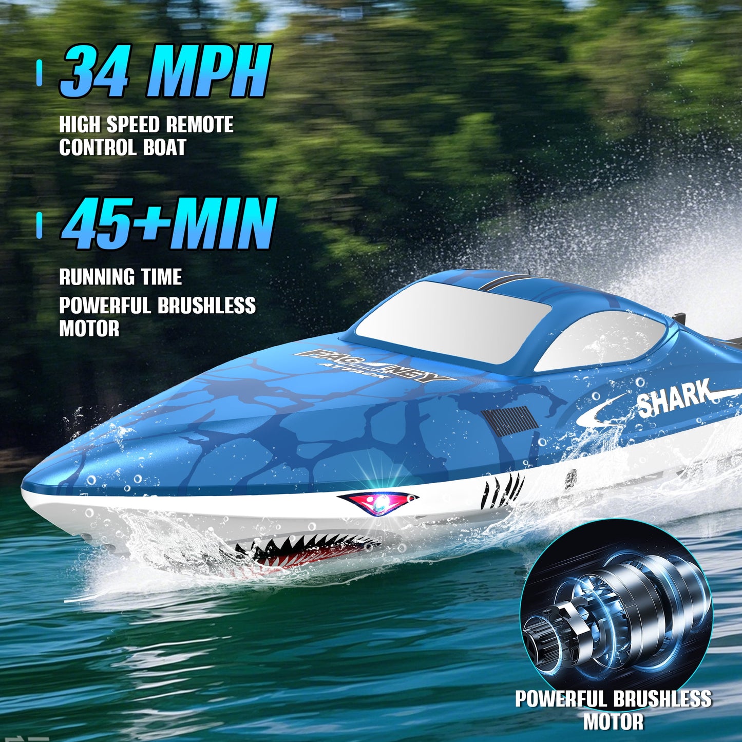 FAGINEY Brushless RC Boat 34 MPH(55 KPH) Fast Remote Control Boat 2.4GHz Racing Boat with LED Lights, High Speed RC Boats for Adults Boys Girls
