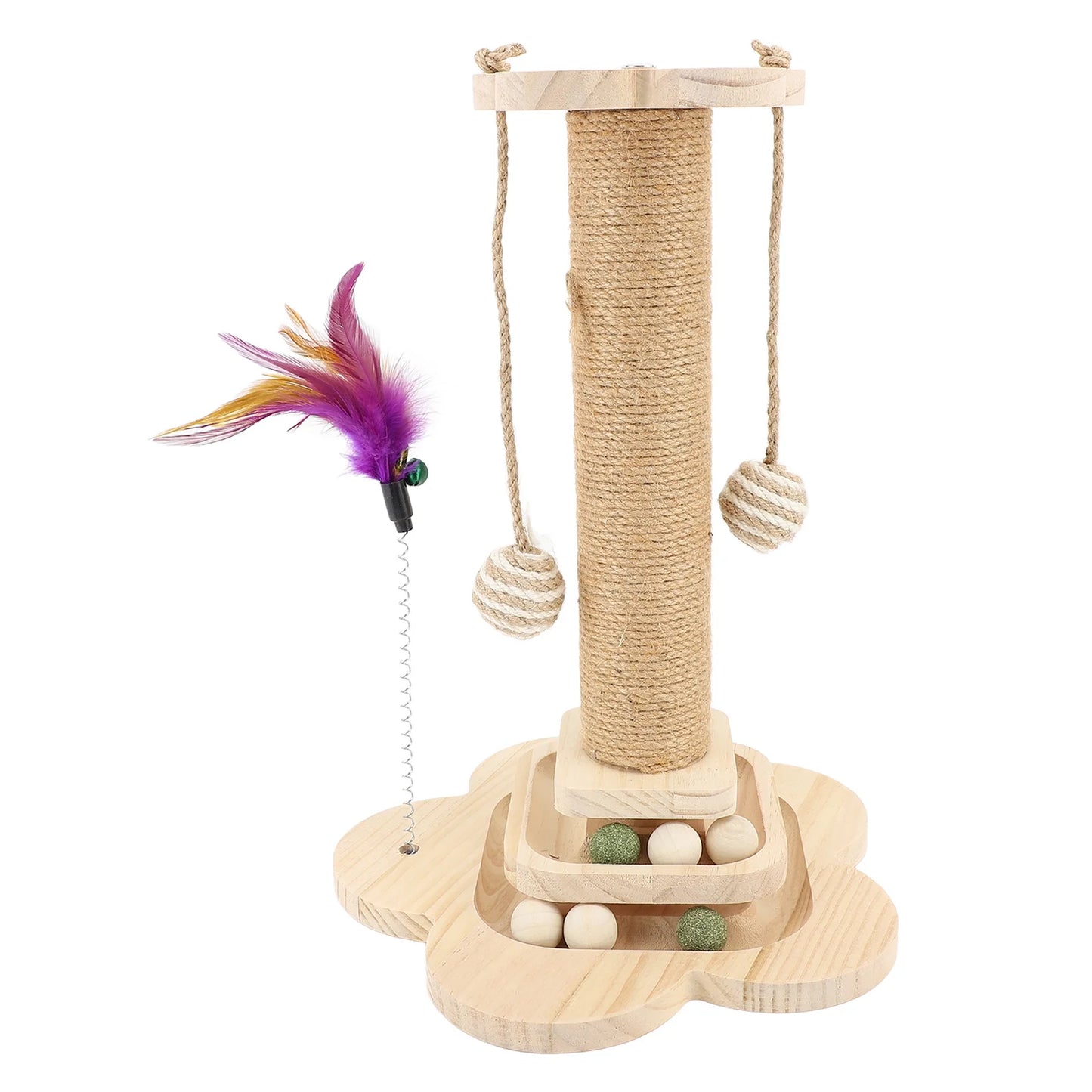 Cat Scratching Post, 3-in-1 Cat Scratcher,with Track Toys With Pendant With Feather Toys