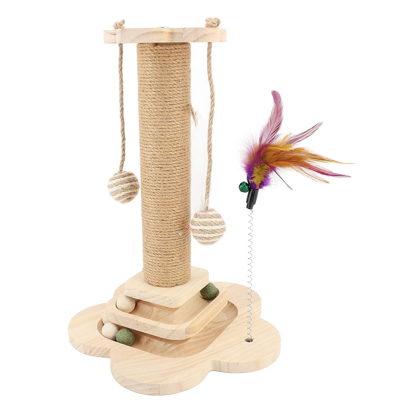 Cat Scratching Post, 3-in-1 Cat Scratcher,with Track Toys With Pendant With Feather Toys