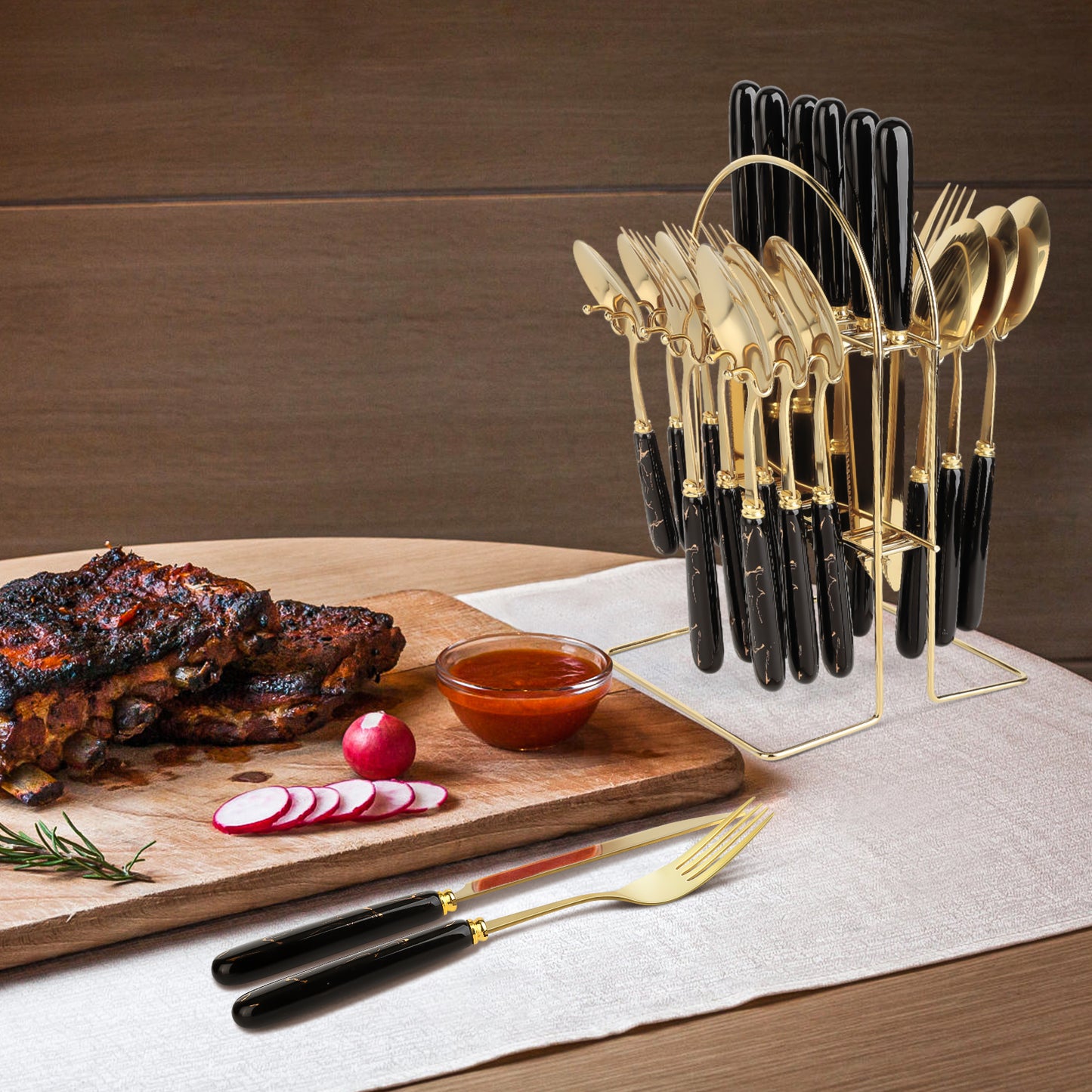 24-Piece Stainless Steel Cutlery Set with Elegant Marble Ceramic Handles - Main Dinner Knife, Fork, Spoon, Teaspoon - Luxury Gift Set(Black)