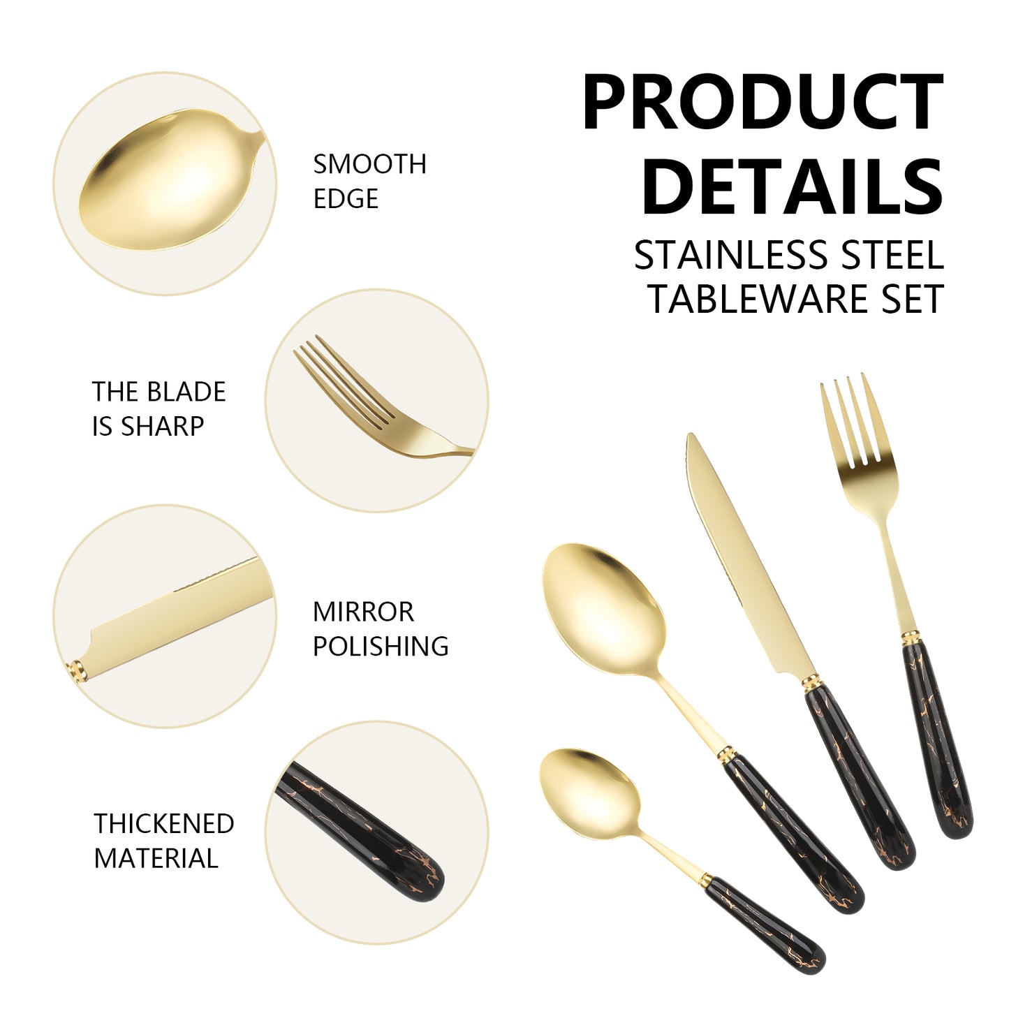 24-Piece Stainless Steel Cutlery Set with Elegant Marble Ceramic Handles - Main Dinner Knife, Fork, Spoon, Teaspoon - Luxury Gift Set(Black)