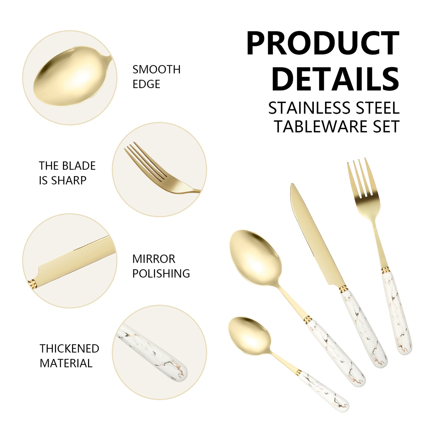 24-Piece Stainless Steel Cutlery Set with Elegant Marble Ceramic Handles - Main Dinner Knife, Fork, Spoon, Teaspoon - Luxury Gift Set(White)