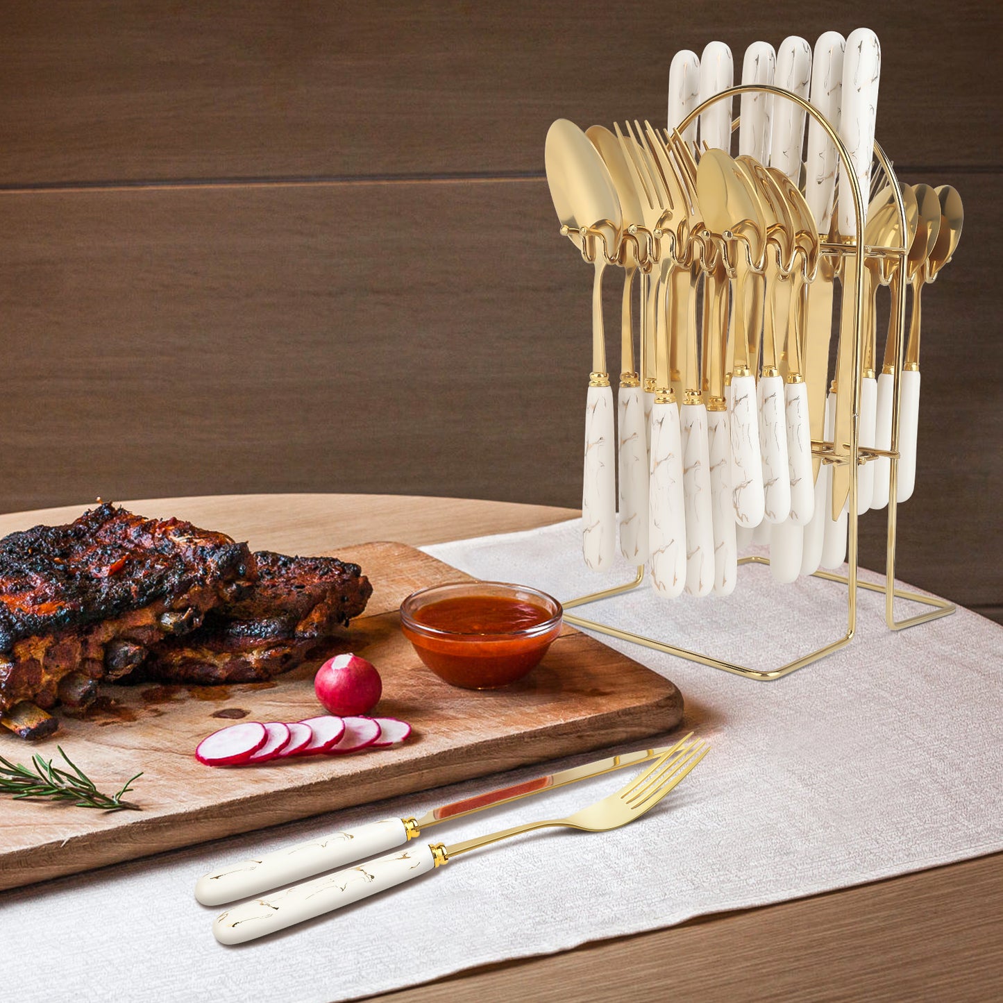 24-Piece Stainless Steel Cutlery Set with Elegant Marble Ceramic Handles - Main Dinner Knife, Fork, Spoon, Teaspoon - Luxury Gift Set(White)