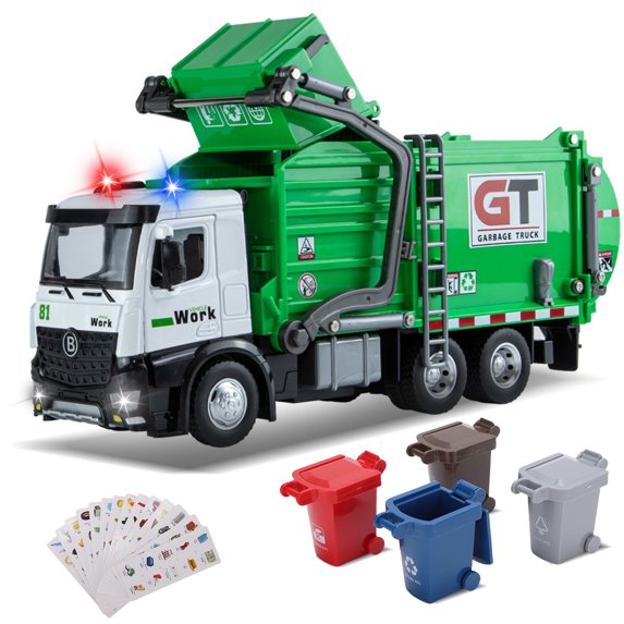 Garbage Truck Toys Set Includes Dumpster, 4 Trash Bins and Learning Cards for Kids, Large Friction Powered Trash Truck Toy with Light and Sounds, Boy Toys Birthday Gift for Boys Girls Toddler