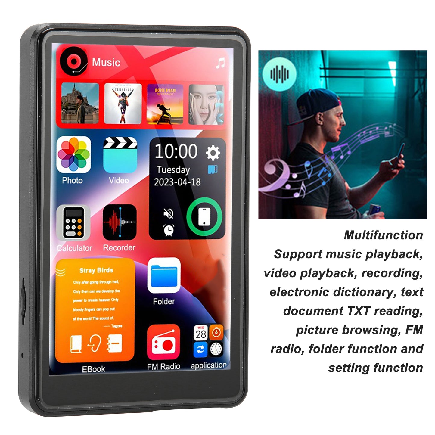 Mp3 Player with Bluetooth, 4.0" Touch Screen Music Player with Speaker, Portable HiFi Sound MP4 MP3 Player for Kids with Earphones, Voice Recorder, E-book, Picture, Up to 256 GB, Black