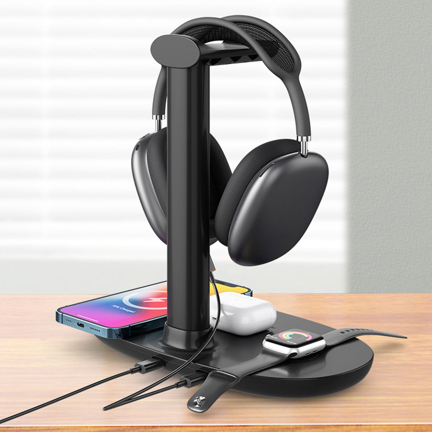 4 in 1 Wireless Charger 15w Headphone Stand for AirPods Max/Pro/2/3 iWatch 7/6/SE/5/4/3/2 iPhone 15/14/13/12/11/XS/XR/X Samsung, Removable Design Headset Holder