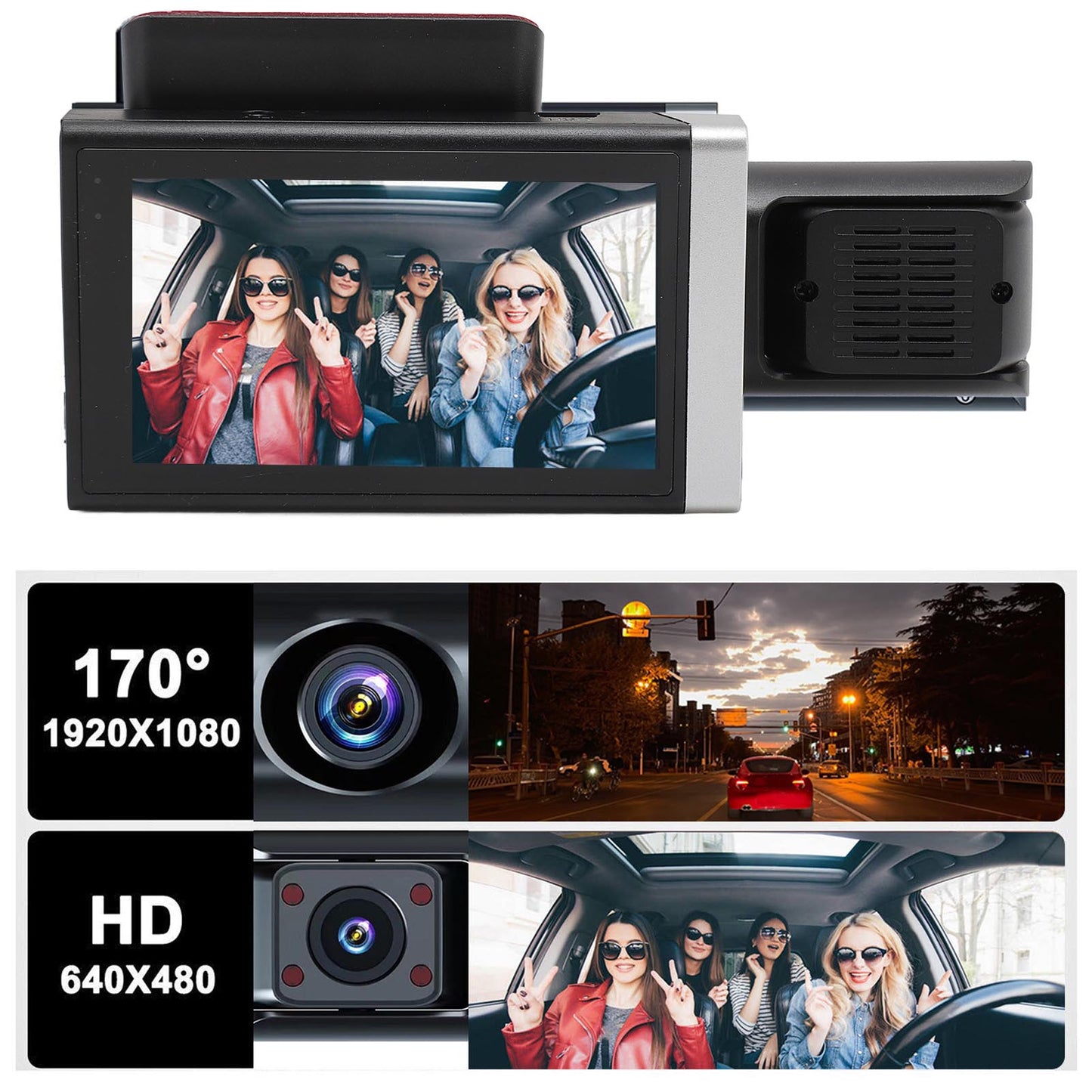 3 Channel Dash Cam Front and Rear, 1080P Dash Camera for Cars, 3" IPS Screen Three Way Dashcam with Night Vision, G-Sensor, Loop Recording, 24Hr Parking, DVR, Support 32GB Card